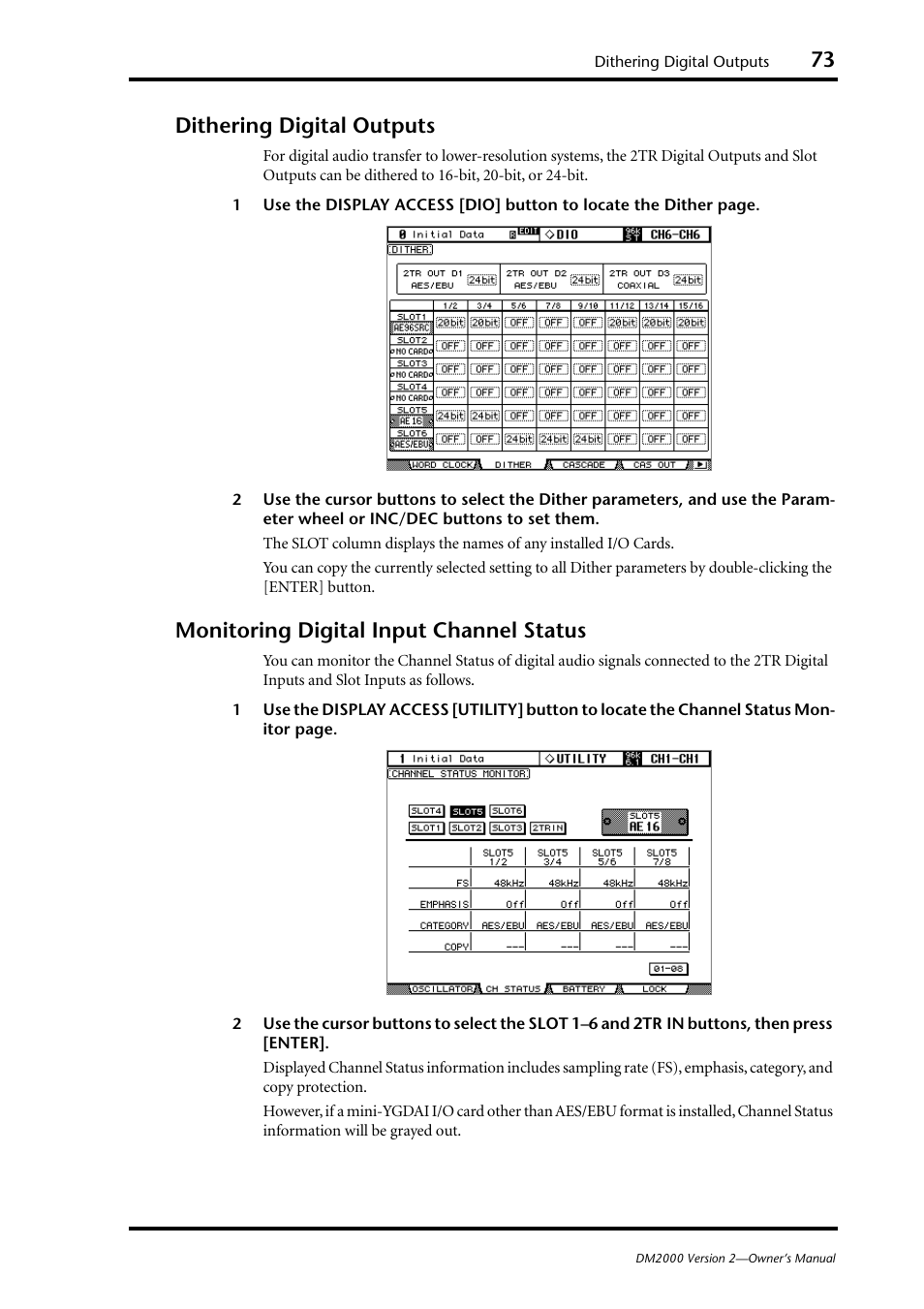 Dithering digital outputs, Monitoring digital input channel status | Yamaha DM2000 User Manual | Page 73 / 402