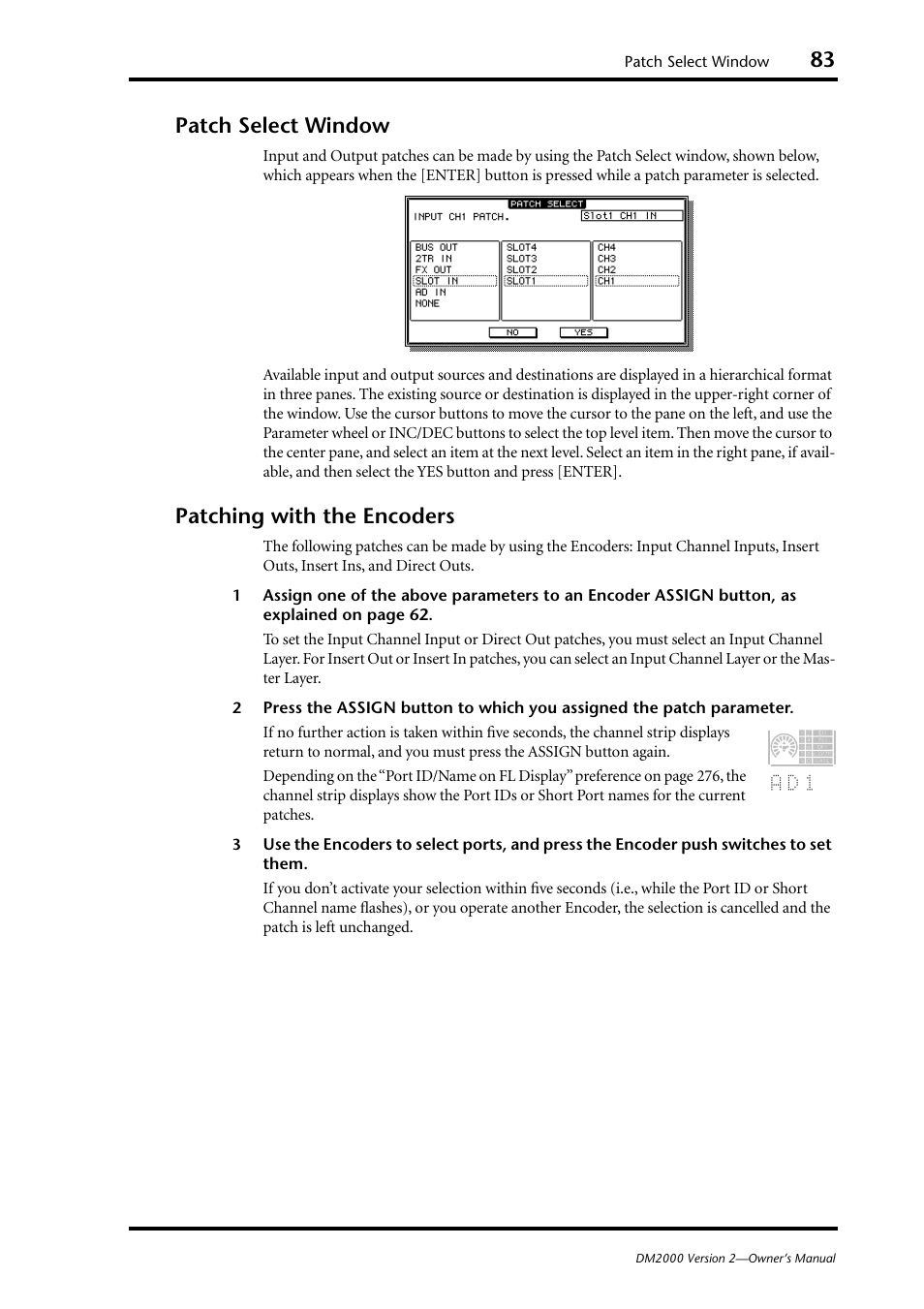 Patch select window, Patching with the encoders, Patch select window patching with the encoders | A d 1 | Yamaha DM2000 User Manual | Page 83 / 402