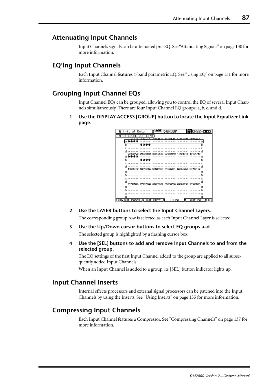 Attenuating input channels, Eq’ing input channels, Grouping input channel eqs | Input channel inserts, Compressing input channels | Yamaha DM2000 User Manual | Page 87 / 402