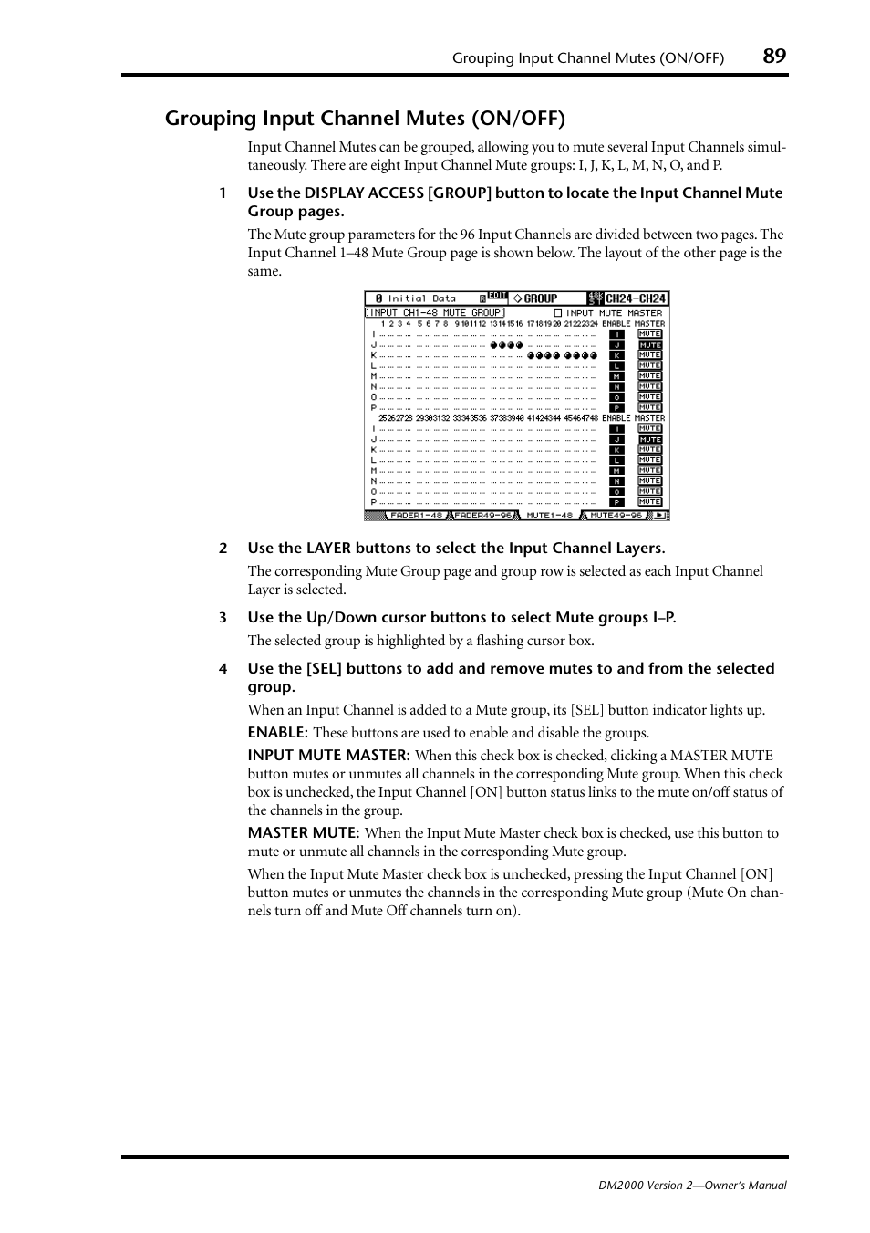 Grouping input channel mutes (on/off) | Yamaha DM2000 User Manual | Page 89 / 402