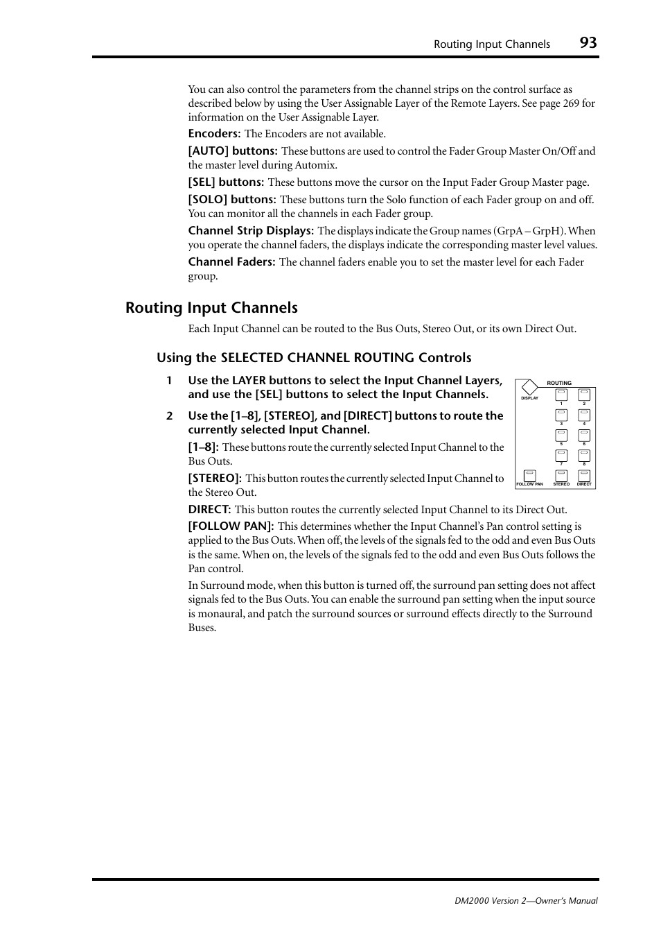 Routing input channels, Using the selected channel routing controls | Yamaha DM2000 User Manual | Page 93 / 402