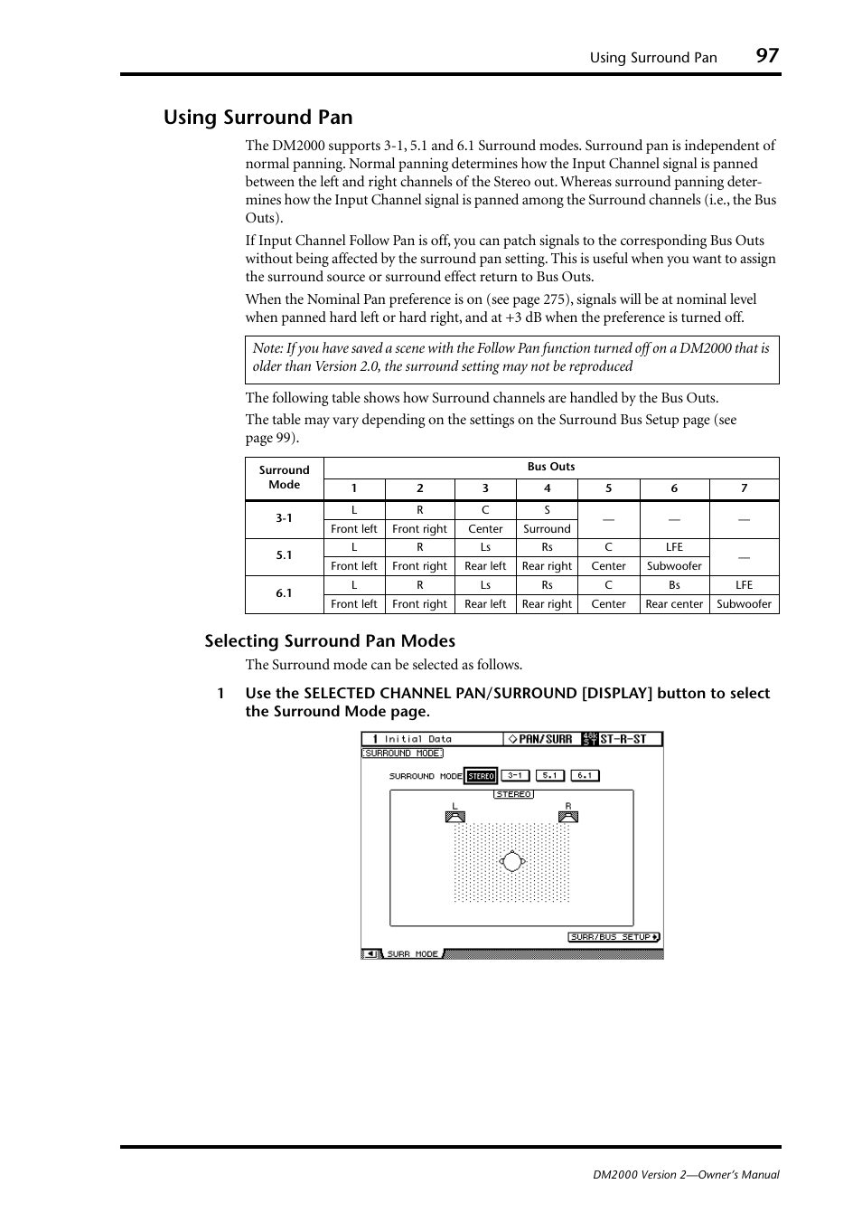 Using surround pan, Selecting surround pan modes | Yamaha DM2000 User Manual | Page 97 / 402