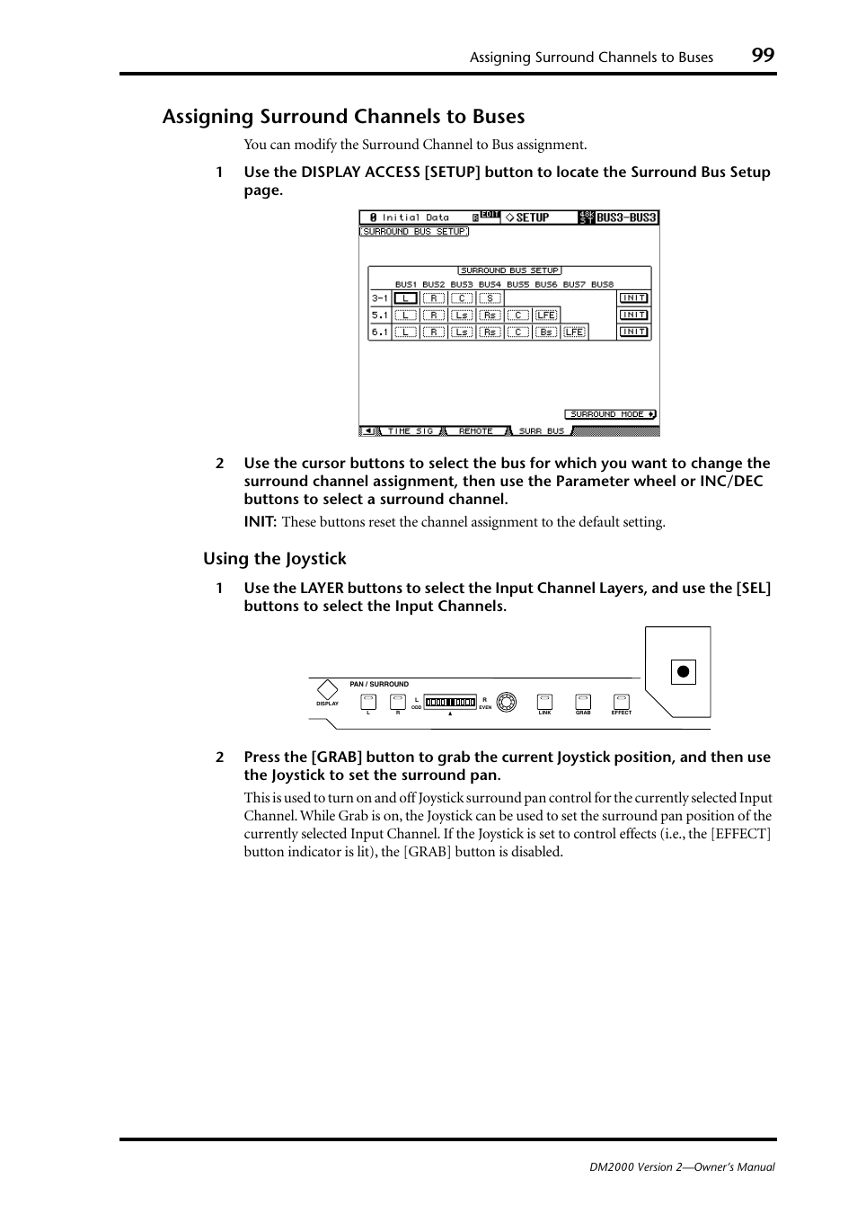 Assigning surround channels to buses, Using the joystick | Yamaha DM2000 User Manual | Page 99 / 402