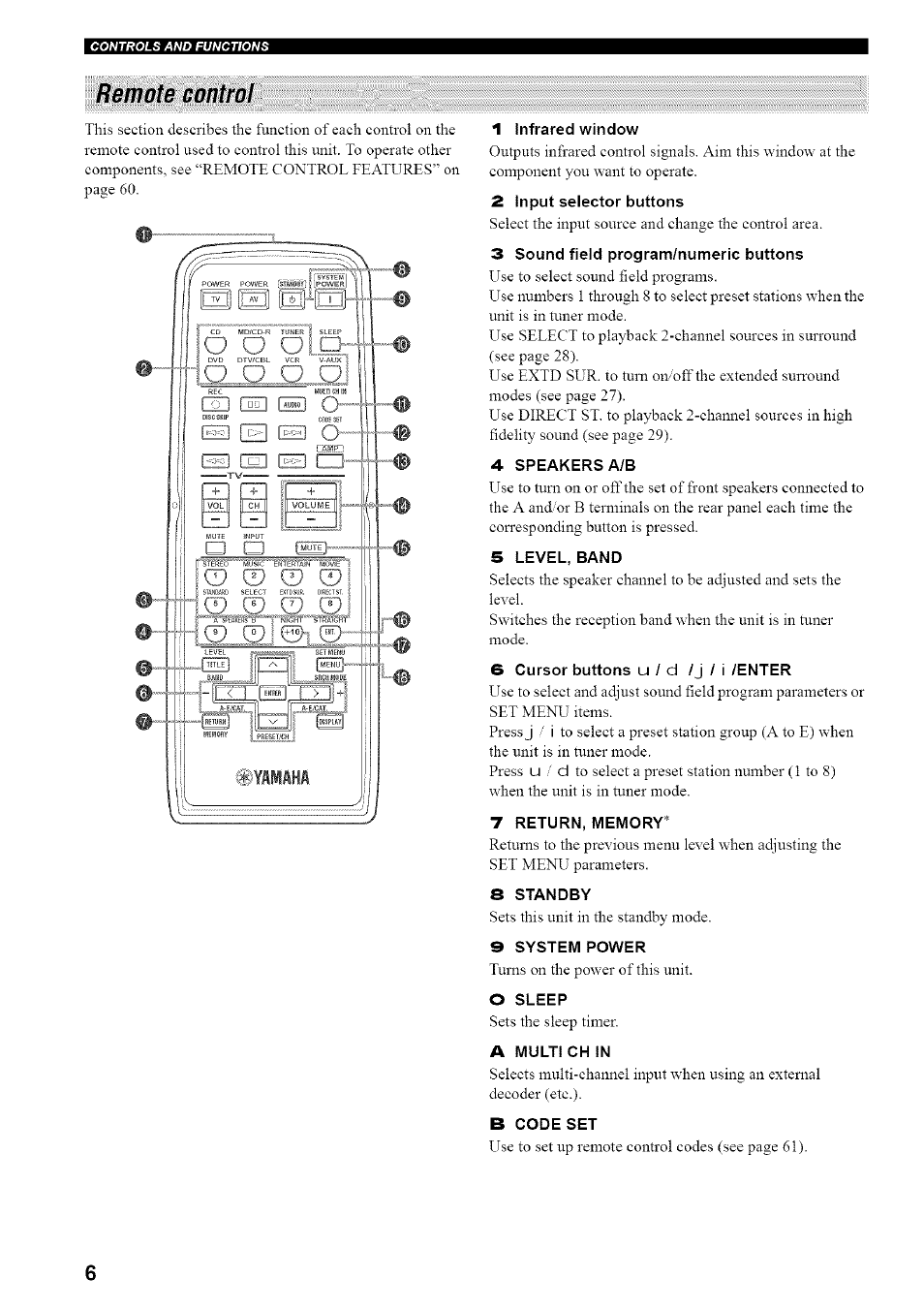 Remote control, 1 infrared window, 2 input selector buttons | 3 sound field program/numeric buttons, Speakers a/b, 5 level, band, 6 cursor buttons u / d / j / i /enter, 7 return, memory, 8 standby, 8 system power | Yamaha HTR-5835 User Manual | Page 10 / 81