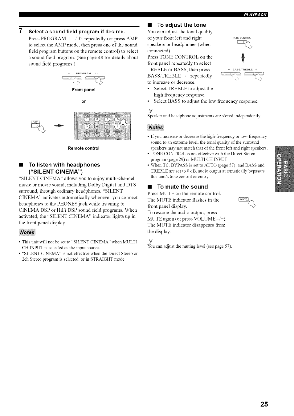 Select a sound field program if desired, To listen with headphones (“silent cinema”), To adjust the tone | To mute the sound | Yamaha HTR-5835 User Manual | Page 29 / 81