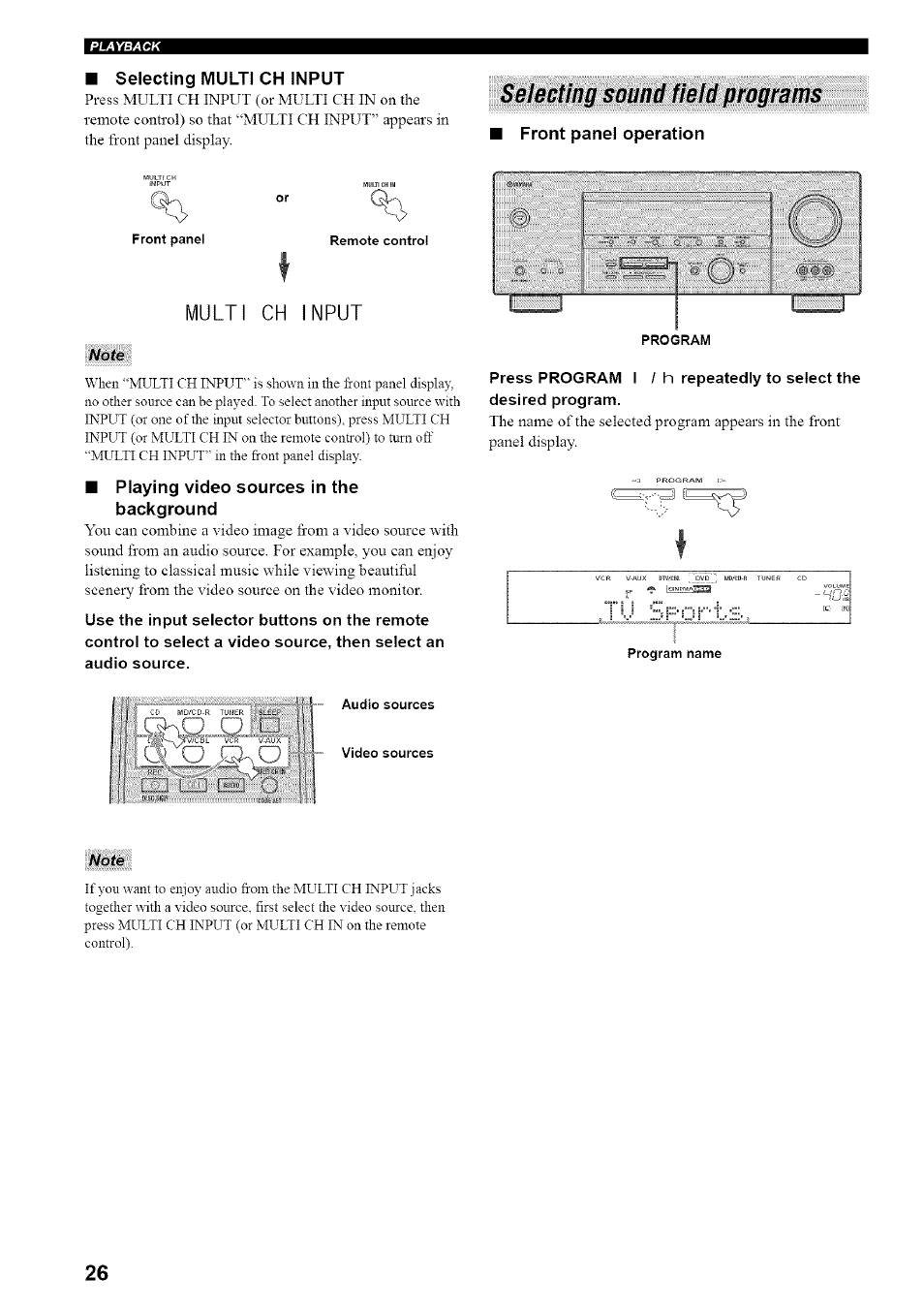 M selecting multi ch input, Selecting sound field programs, Front panel operation | Mult! ch !nput, Playing video sources in the background, Selecting solind field programs | Yamaha HTR-5835 User Manual | Page 30 / 81