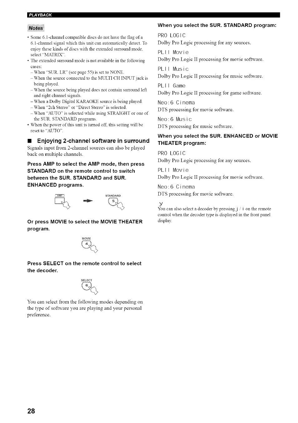 Enjoying 2-channel software in surround, Or press movie to select the movie theater program, When you select the sur. standard program | Yamaha HTR-5835 User Manual | Page 32 / 81