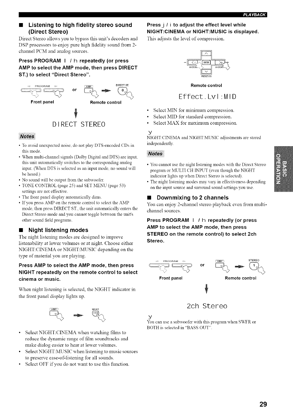 Direct stereo, Night listening modes, Effect.lvi: i | Downmixing to 2 channels, 2ch stereo y, Effect.lvi: i d | Yamaha HTR-5835 User Manual | Page 33 / 81