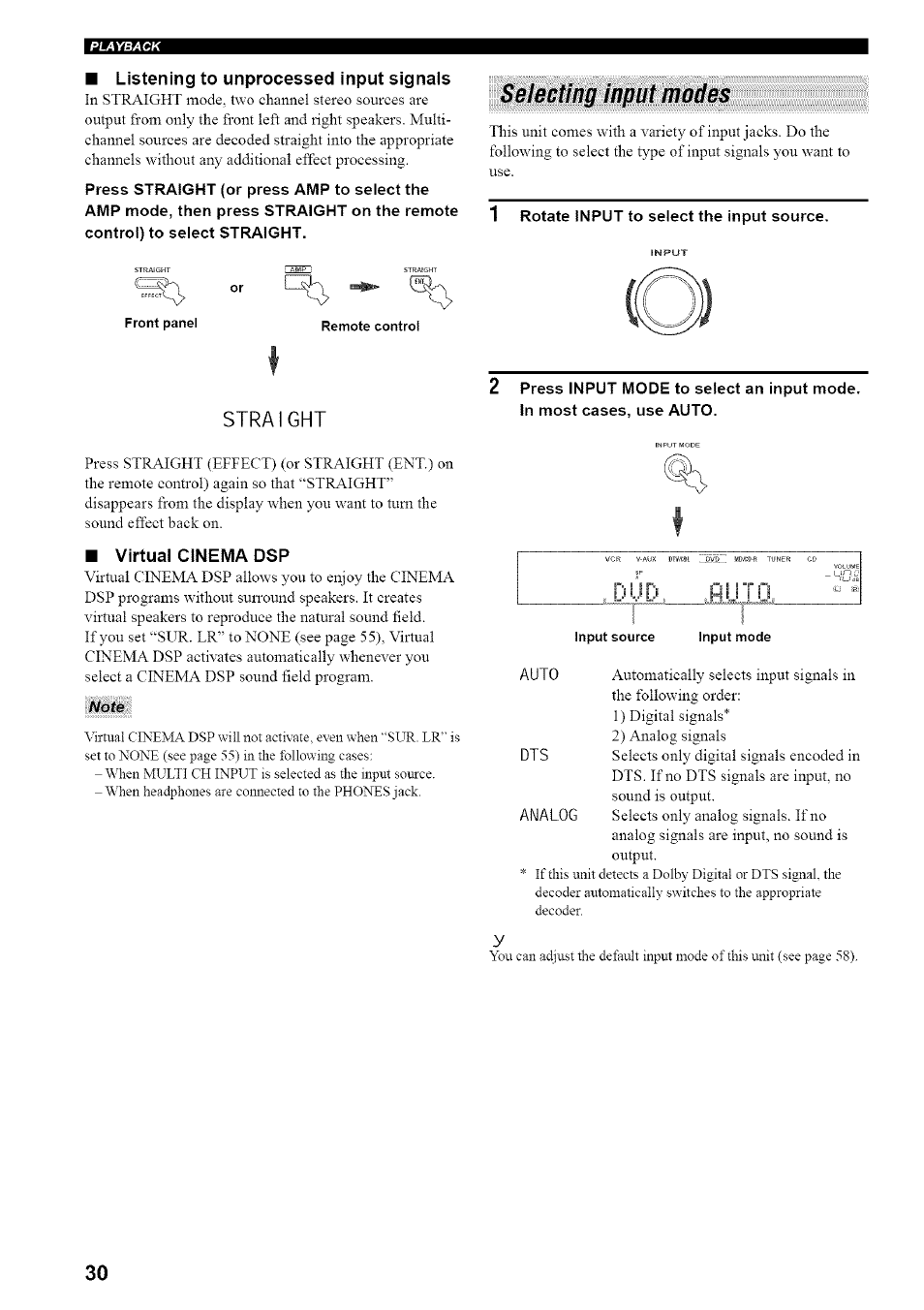 Listening to unprocessed input signals, Selecting input modes, 1 rotate input to select the input source | Straight, Virtual cinema dsp | Yamaha HTR-5835 User Manual | Page 34 / 81