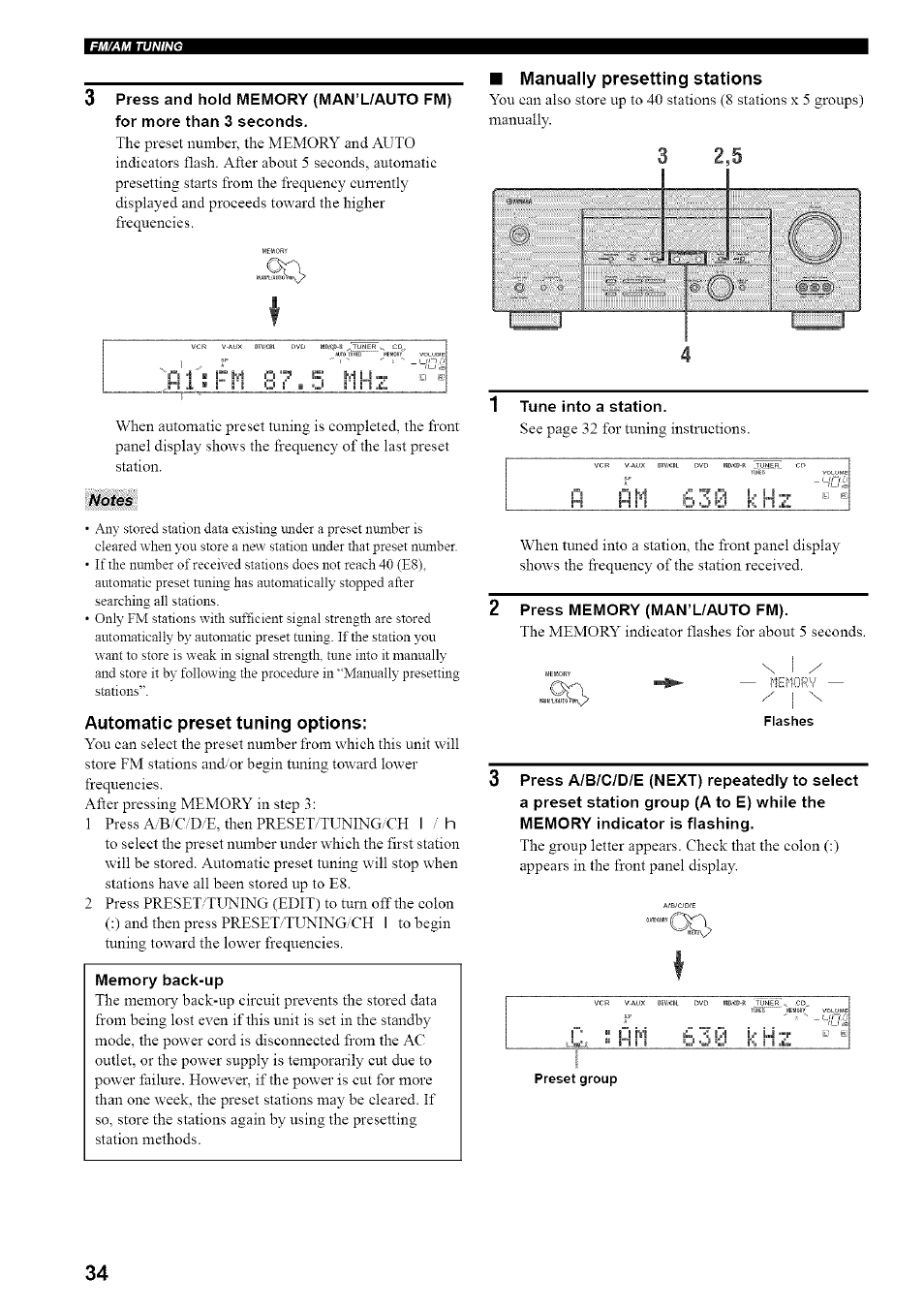 Manually presetting stations, Automatic preset tuning options, 2 press memory (man’uauto fm) | Ci i f | Yamaha HTR-5835 User Manual | Page 38 / 81