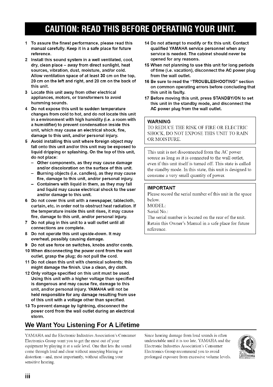 Caution: read this before operating your unit, We want you listening for a lifetime | Yamaha HTR-5835 User Manual | Page 4 / 81