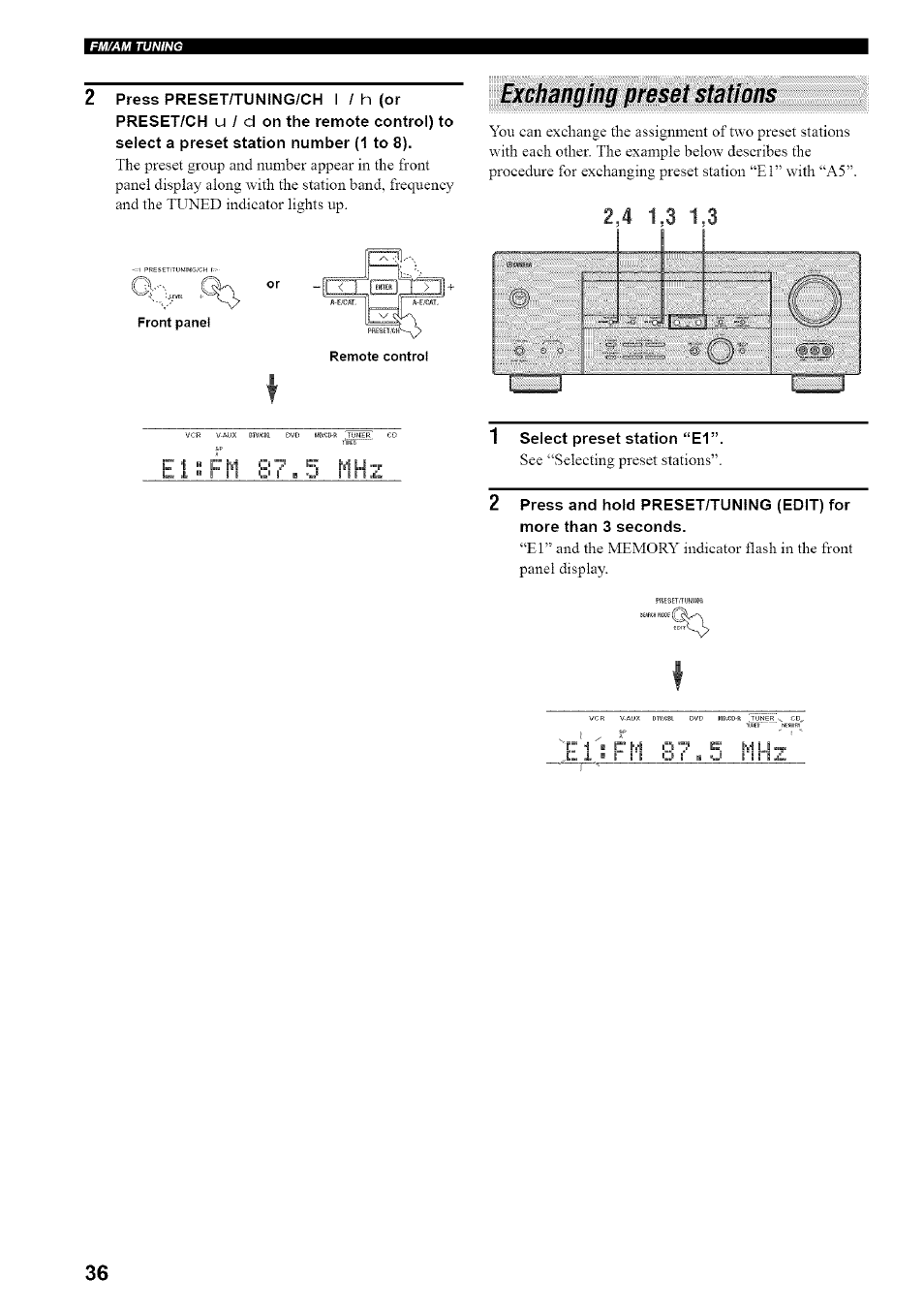 Exchanging preset stations, 1 select preset station “e1, L:. •. ill ilill 18 u- ""t : “tt •: ; : . -h | Ie!!!fi1 8 7 . 5 rihz | Yamaha HTR-5835 User Manual | Page 40 / 81