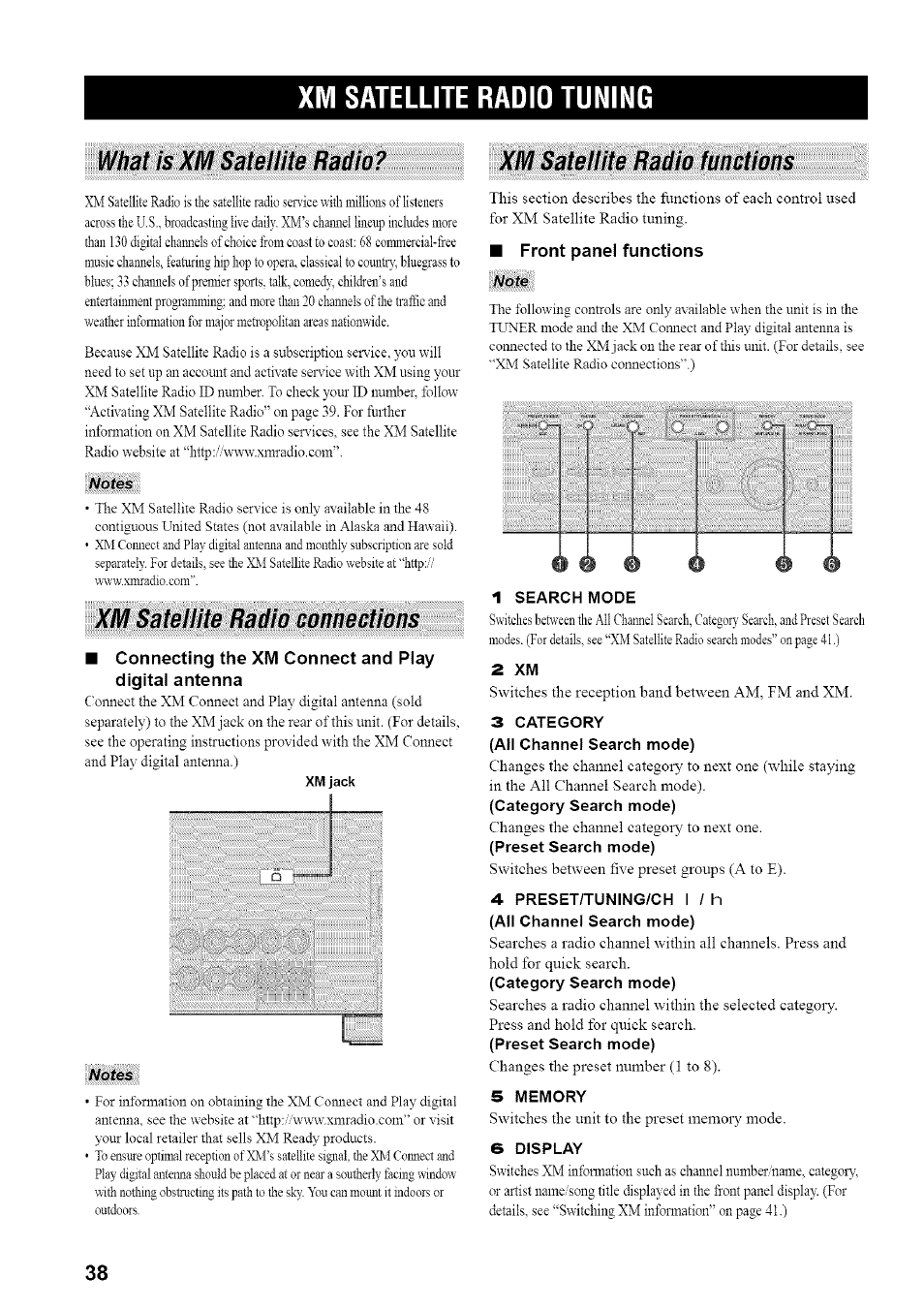 Xm satellite radio tuning, What is xm satellite radio, Xm satellite radio connections | Connecting the xm connect and play digital antenna, Xm satellite radio functions, Front panel functions, 1 search mode, 2 xm, 3 category, 4 preset/tuning/ch i / h (all channel search mode) | Yamaha HTR-5835 User Manual | Page 42 / 81