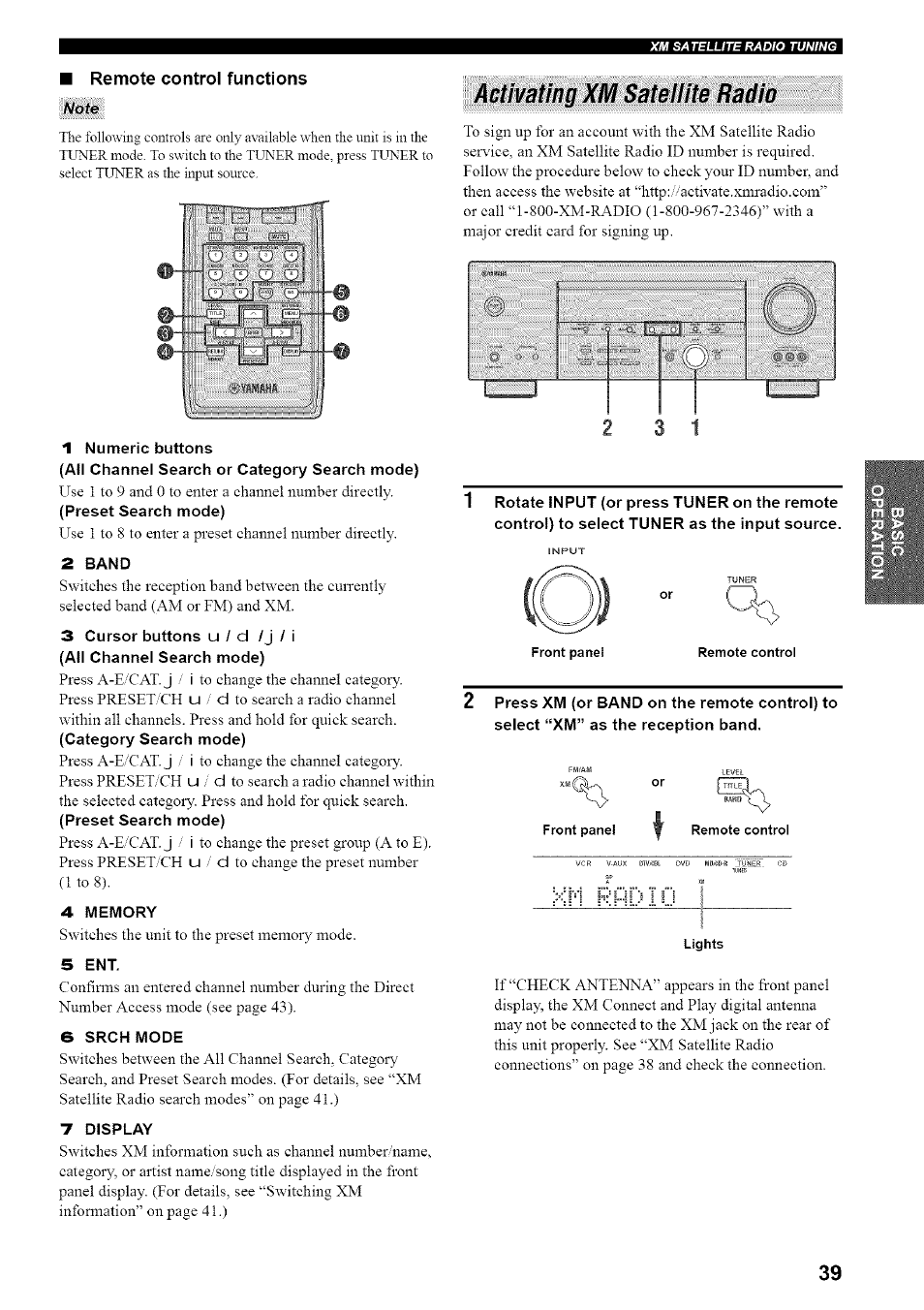 Remote control functions, 1 numeric buttons, 2 band | 4 memory, 5 ent, 6 srch mode, 7 display, Activating xm sateitite radio, Activating xm satellite radio, Ì i i | Yamaha HTR-5835 User Manual | Page 43 / 81