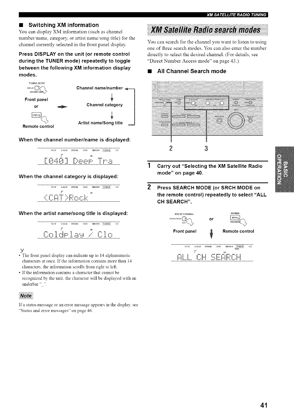 Switching xm information, Xm satellite radio search modes, All channel search mode | When the channel number/name is displayed, When the channel category is displayed, When the artist name/song title is displayed, 0cyl.df0l.am clü, Ch sefifijh | Yamaha HTR-5835 User Manual | Page 45 / 81