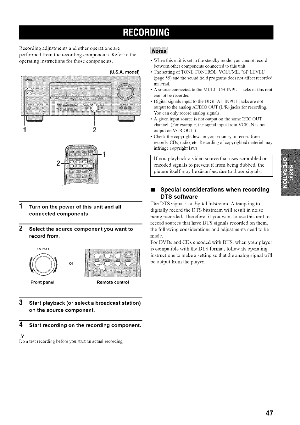 Recording, Special considerations when recording dts software | Yamaha HTR-5835 User Manual | Page 51 / 81