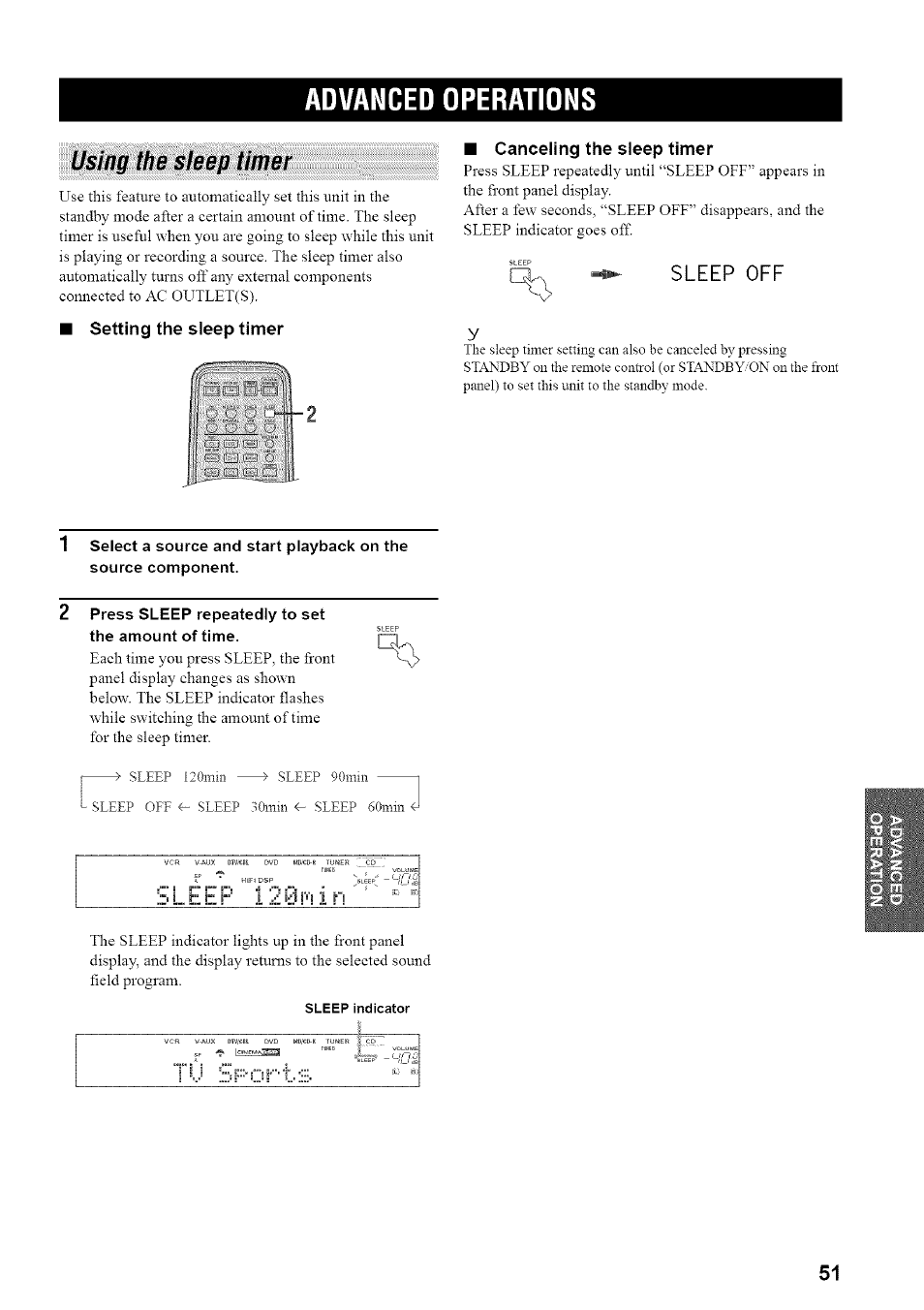 Advanced operations, Canceling the sleep timer, Sleep oef | Press sleep repeatedly to set the amount of time, Eumg the sleep timer, Sleep, Using the sleep timer, Setting the sleep timer | Yamaha HTR-5835 User Manual | Page 55 / 81