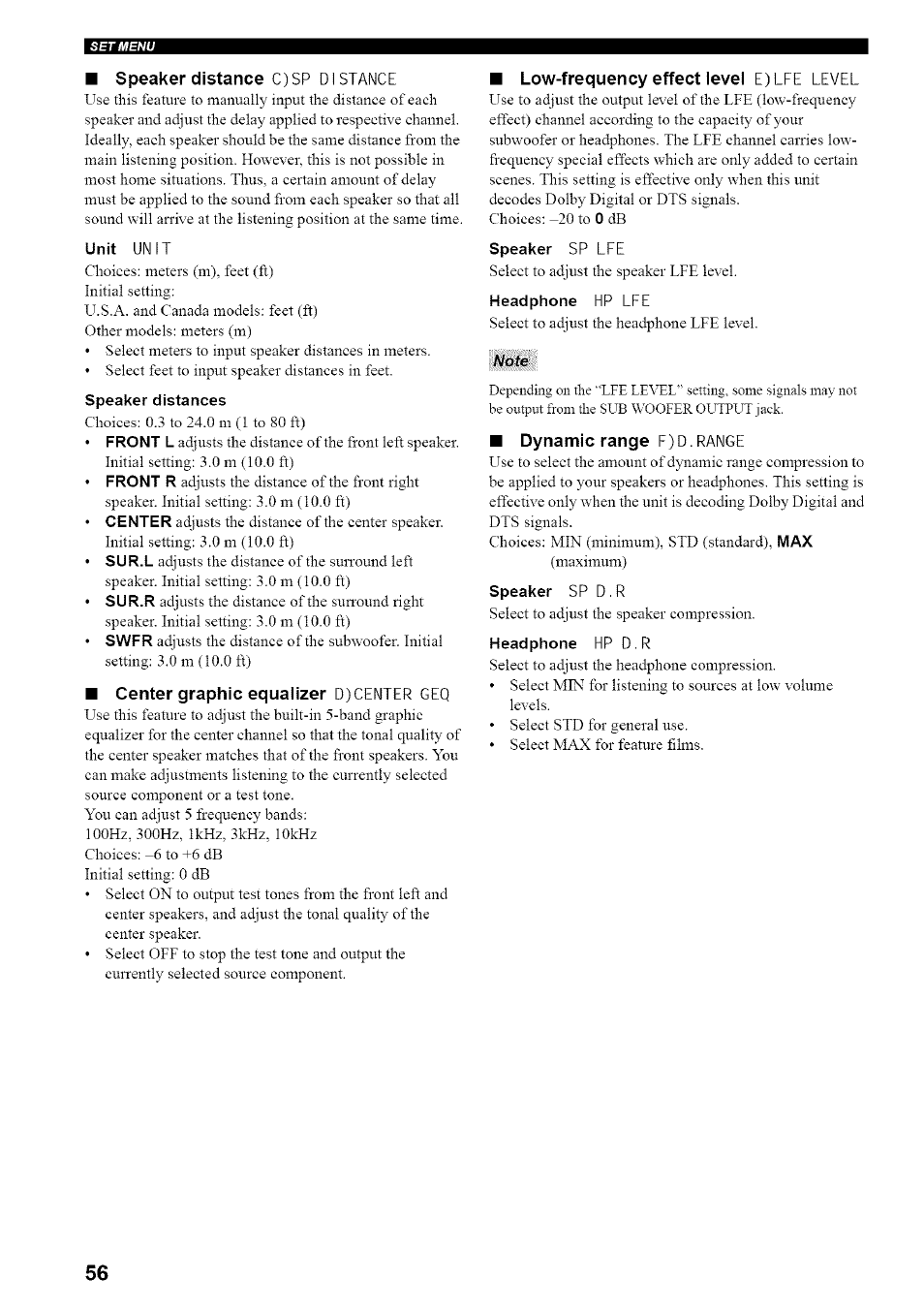 M speaker distance c)sp distance, Speaker distances, Center graphic equalizer d)center geq | Low-frequency effect level e)lfe level, Dynamic range f)d. range | Yamaha HTR-5835 User Manual | Page 60 / 81