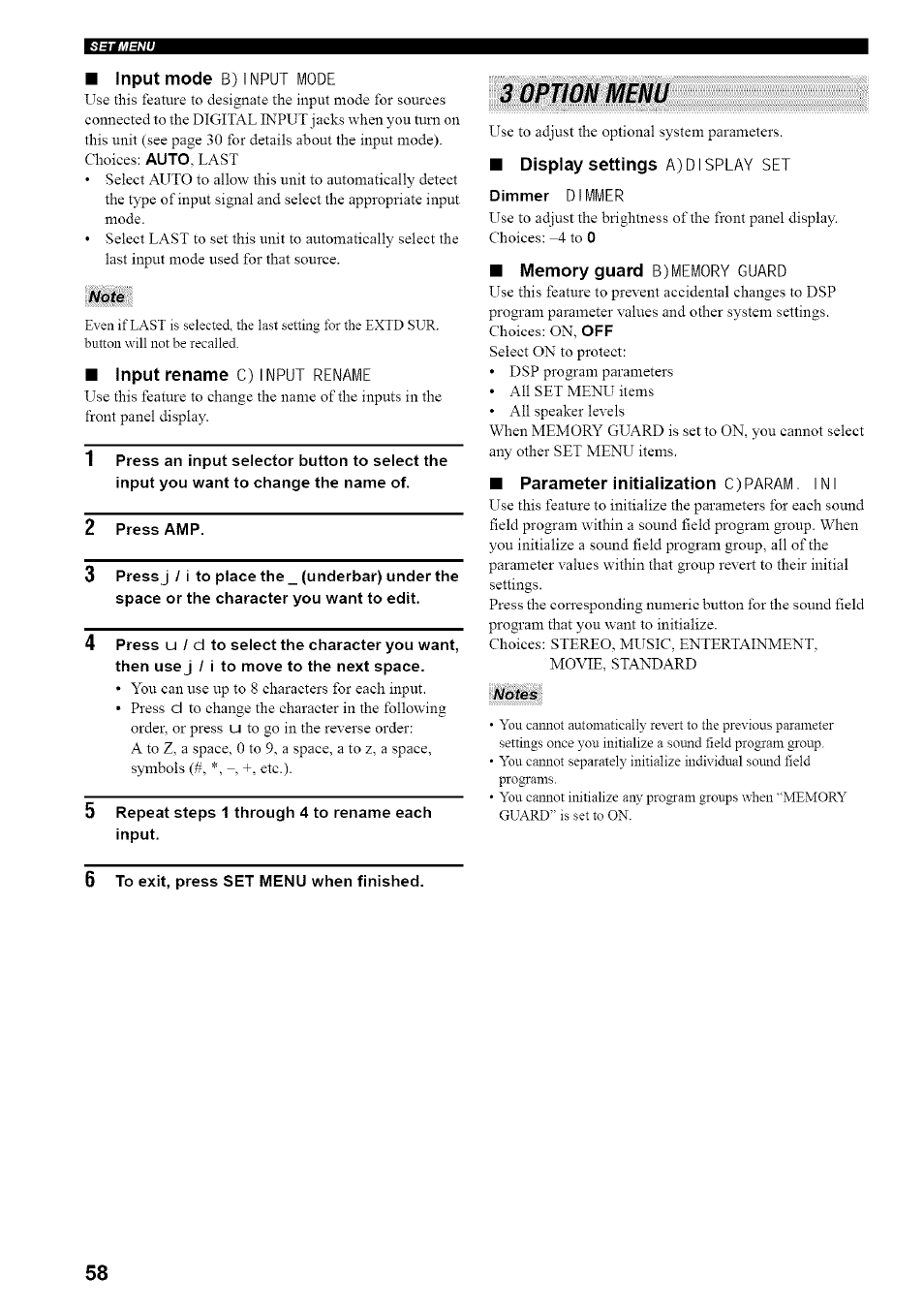 Parameter initialization c)param ini, 3 option menu | Yamaha HTR-5835 User Manual | Page 62 / 81