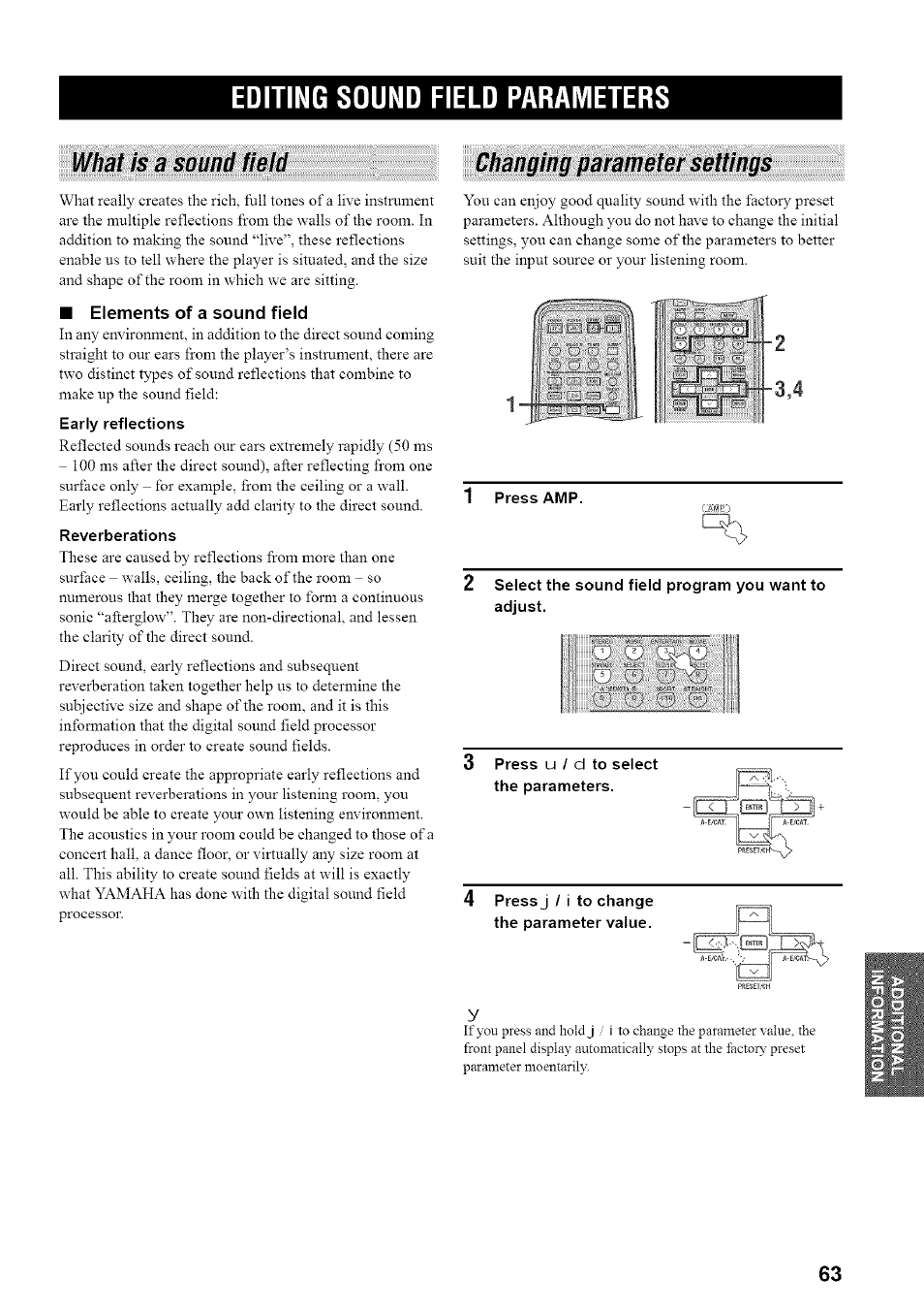 Editing sound field parameters, Mhb\ is a sound field, Elements of a sound field | Reverberations, Changing parameter settings, 1 press aivip, Press u / d to select the parameters, 4 press j / i to change the parameter value | Yamaha HTR-5835 User Manual | Page 67 / 81