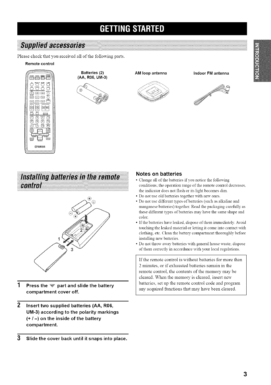 Getting started, Supplied accessories, Instaiiing batteries in the remote control | Notes on batteries, 3 slide the cover back until it snaps into place, Installing batteries in the remote control | Yamaha HTR-5835 User Manual | Page 7 / 81