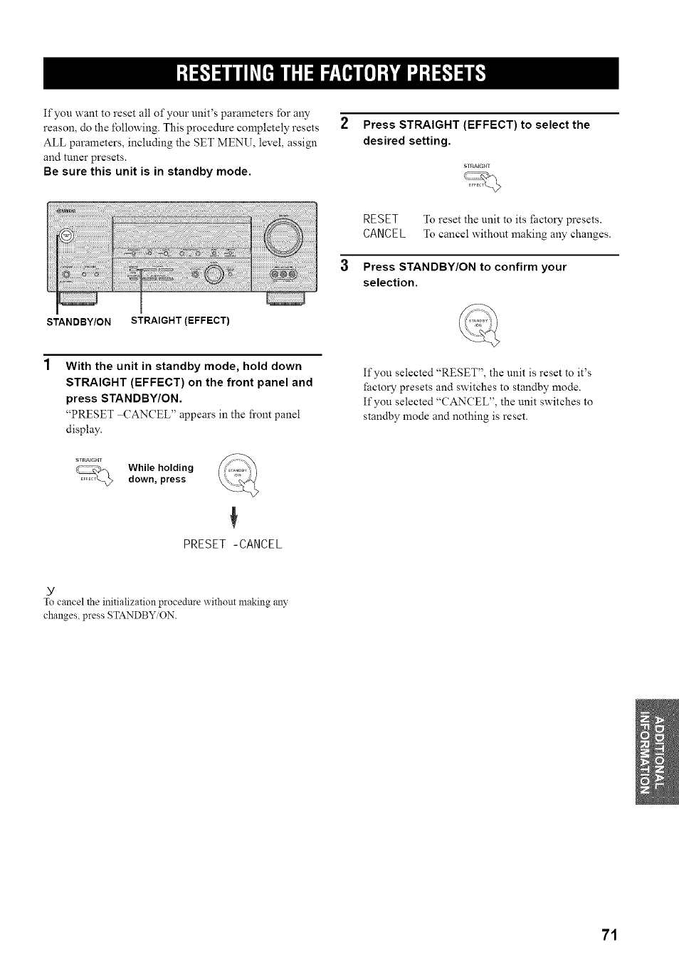 Resetting the factory presets, Be sure this unit is in standby mode, Press standby/on to confirm your selection | Mill syisccecissei:: •• ;-.s. ... : ‘ • : ;• .c | Yamaha HTR-5835 User Manual | Page 75 / 81