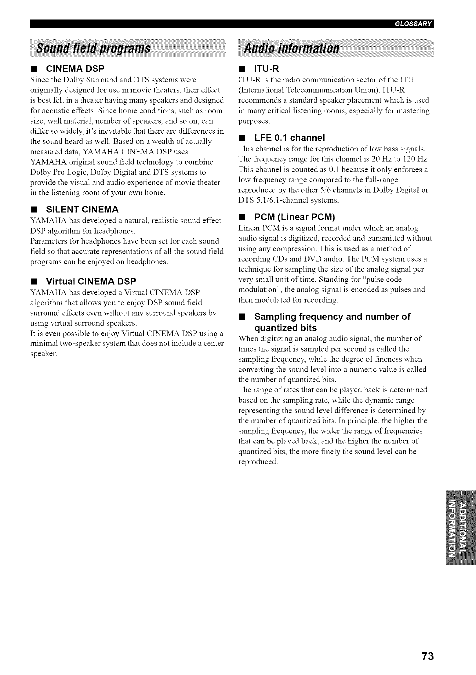 Sound field programs, Cinema dsp, Silent cinema | Virtual cinema dsp, Itu-r, Lfe 0.1 channel, Pcm (linear pcm), Sampling frequency and number of quantized bits, Sound field programs audio information | Yamaha HTR-5835 User Manual | Page 77 / 81