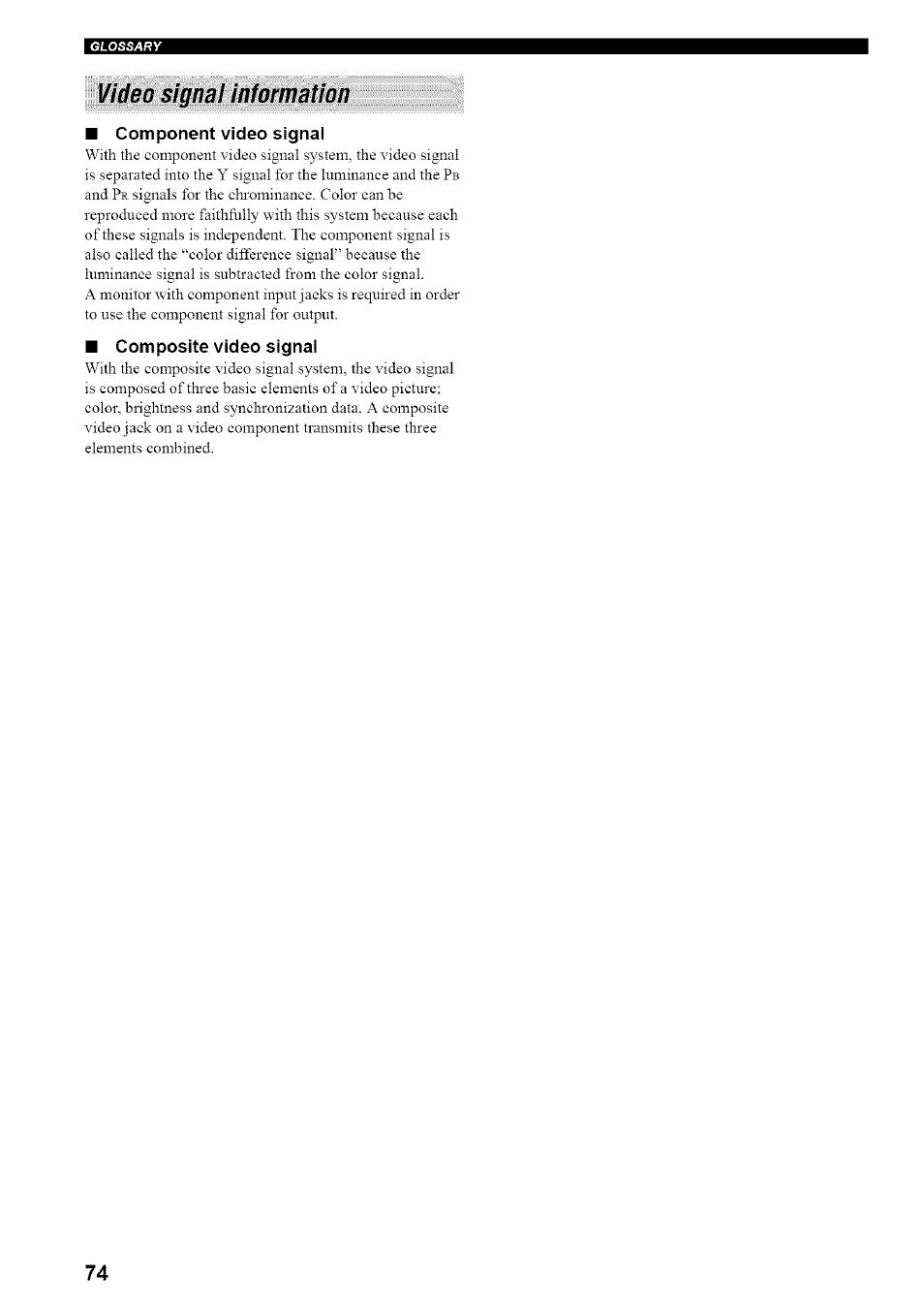 Video signal information, Component video signal, Composite video signal | Yamaha HTR-5835 User Manual | Page 78 / 81