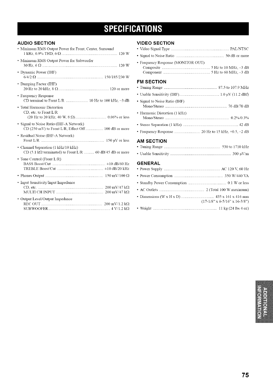 Specifications, Audio section, Video section | Fm section, Am section, General | Yamaha HTR-5835 User Manual | Page 79 / 81