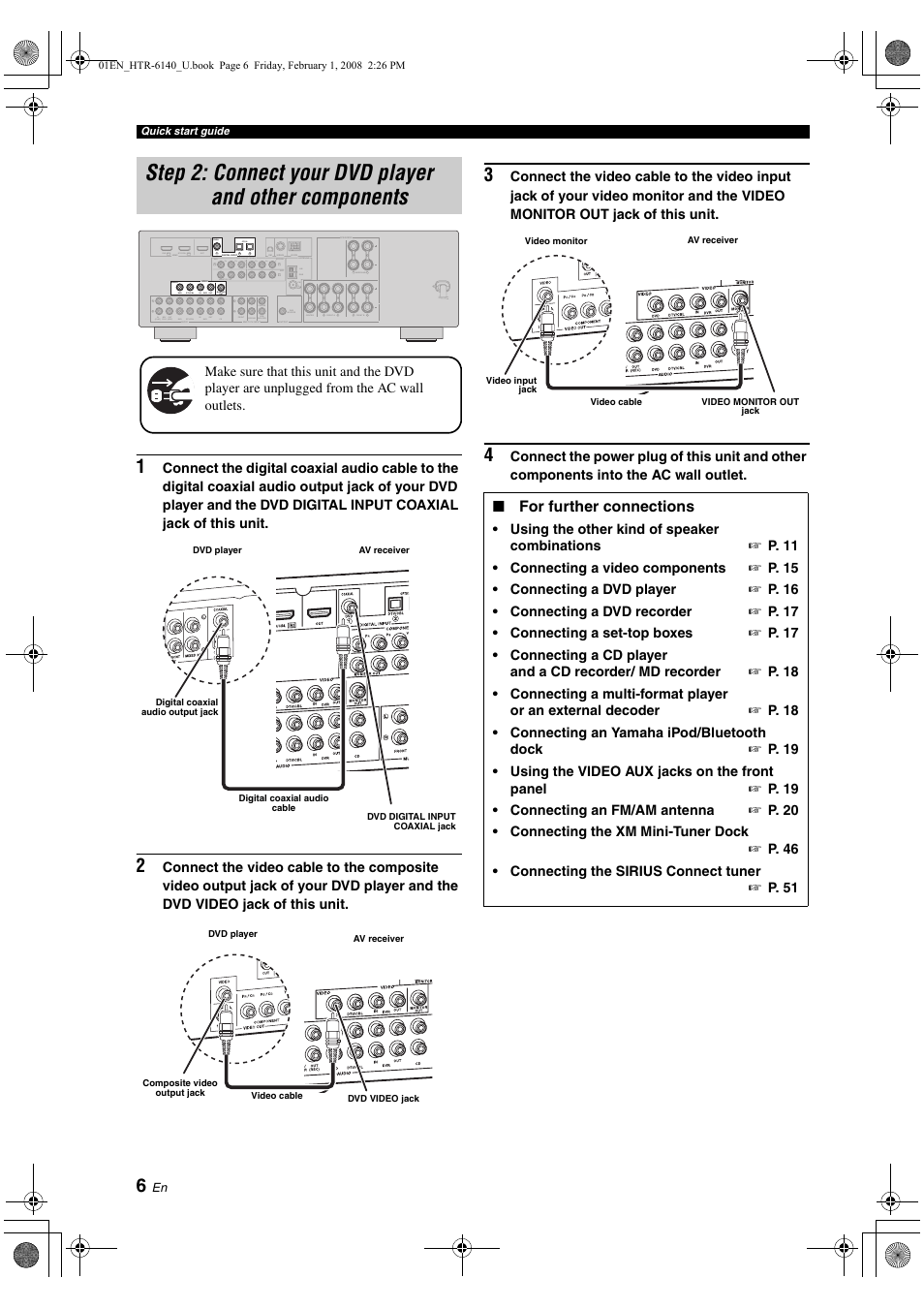 Step 2: connect your dvd player and other, Components, Step 2: connect your dvd player | And other components, P. 6 | Yamaha HTR-6140 User Manual | Page 10 / 106