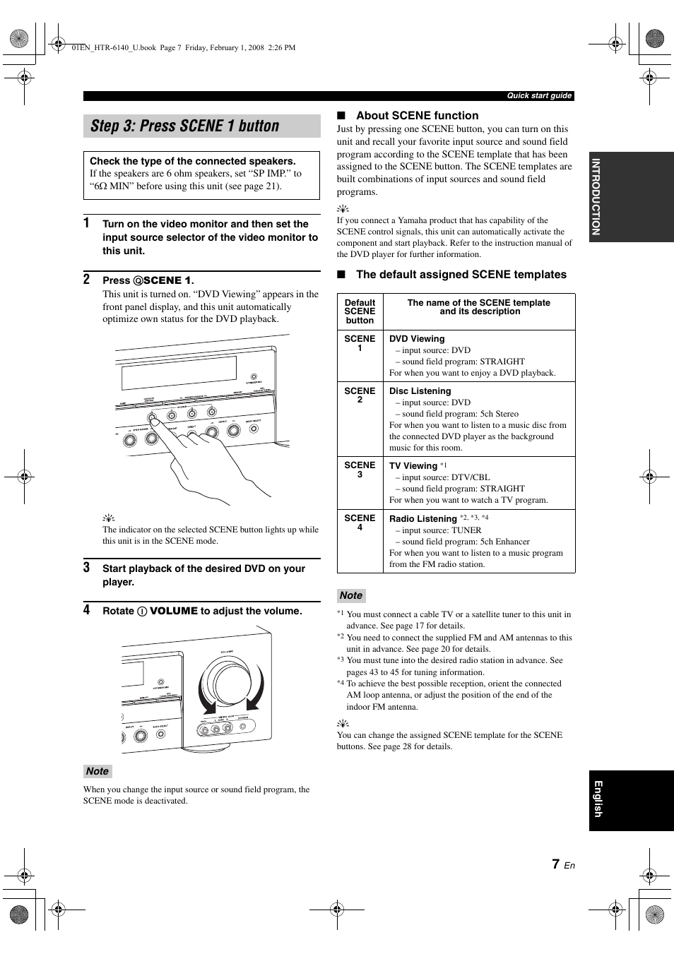 Step 3: press scene 1 button, P. 7 | Yamaha HTR-6140 User Manual | Page 11 / 106
