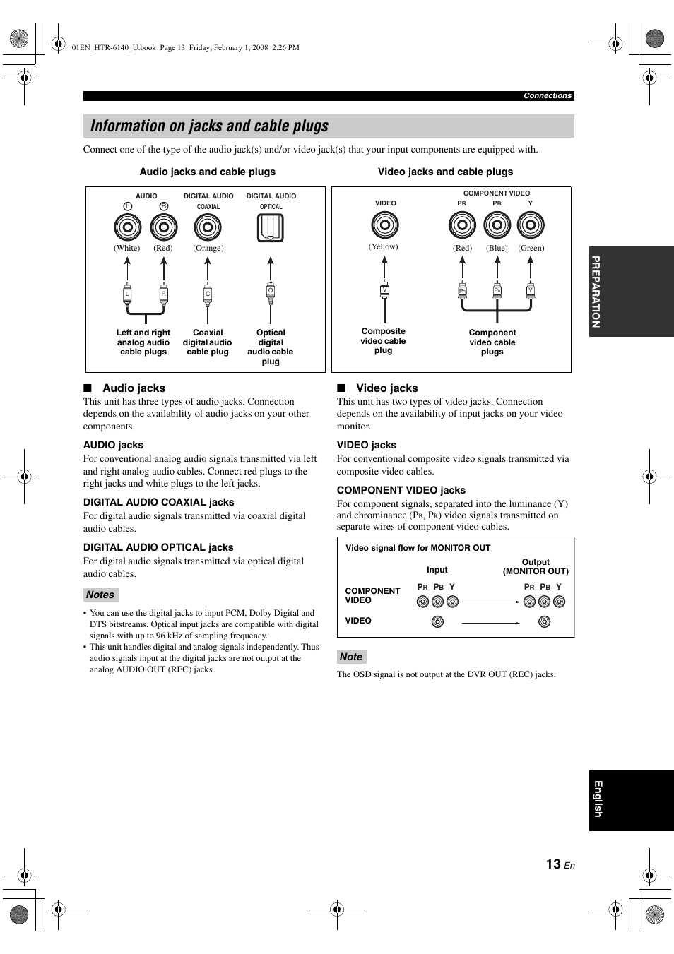 Information on jacks and cable plugs, Audio jacks, Video jacks | Yamaha HTR-6140 User Manual | Page 17 / 106