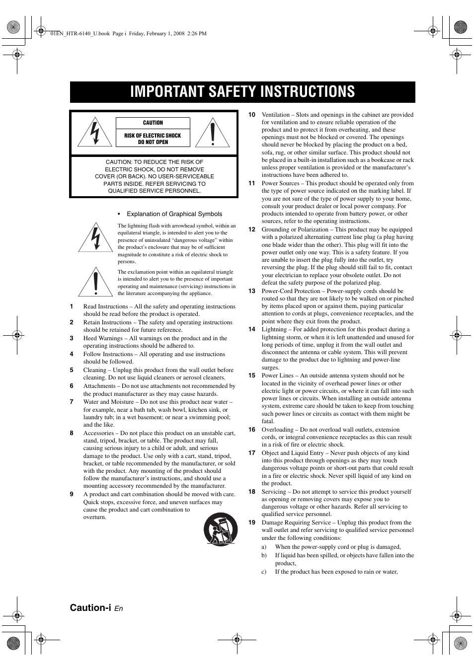 English, Important safety instructions, Caution-i | Yamaha HTR-6140 User Manual | Page 2 / 106