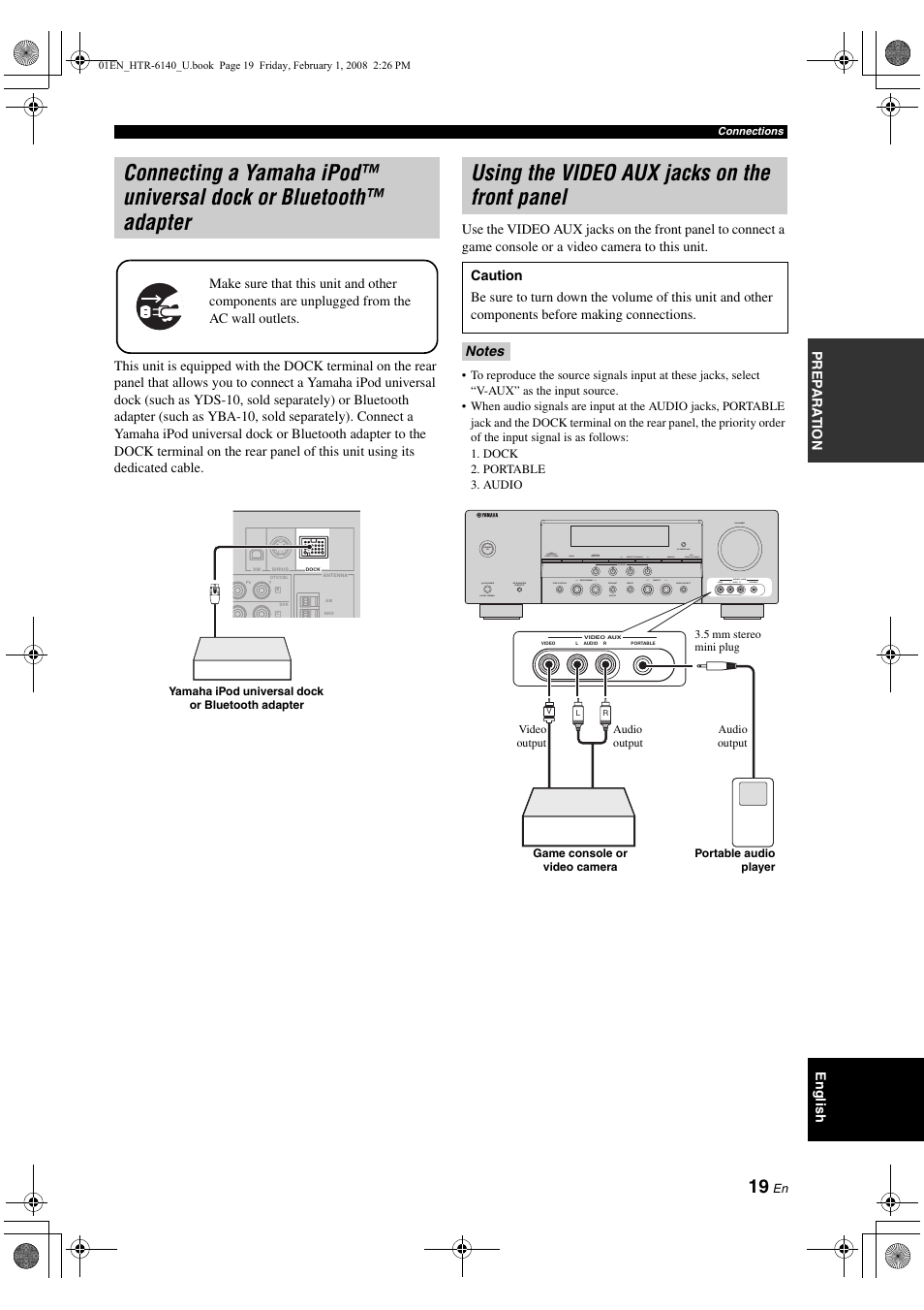 Using the video aux jacks on the front panel, Connecting a yamaha ipod™ universal dock or, Bluetooth™ adapter | P. 19 | Yamaha HTR-6140 User Manual | Page 23 / 106