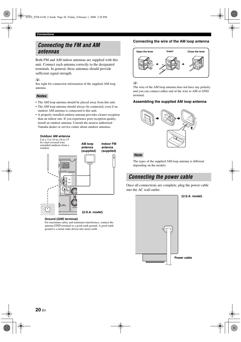 Connecting the fm and am antennas, Connecting the power cable, P. 20 | Connecting the wire of the am loop antenna y, Assembling the supplied am loop antenna | Yamaha HTR-6140 User Manual | Page 24 / 106