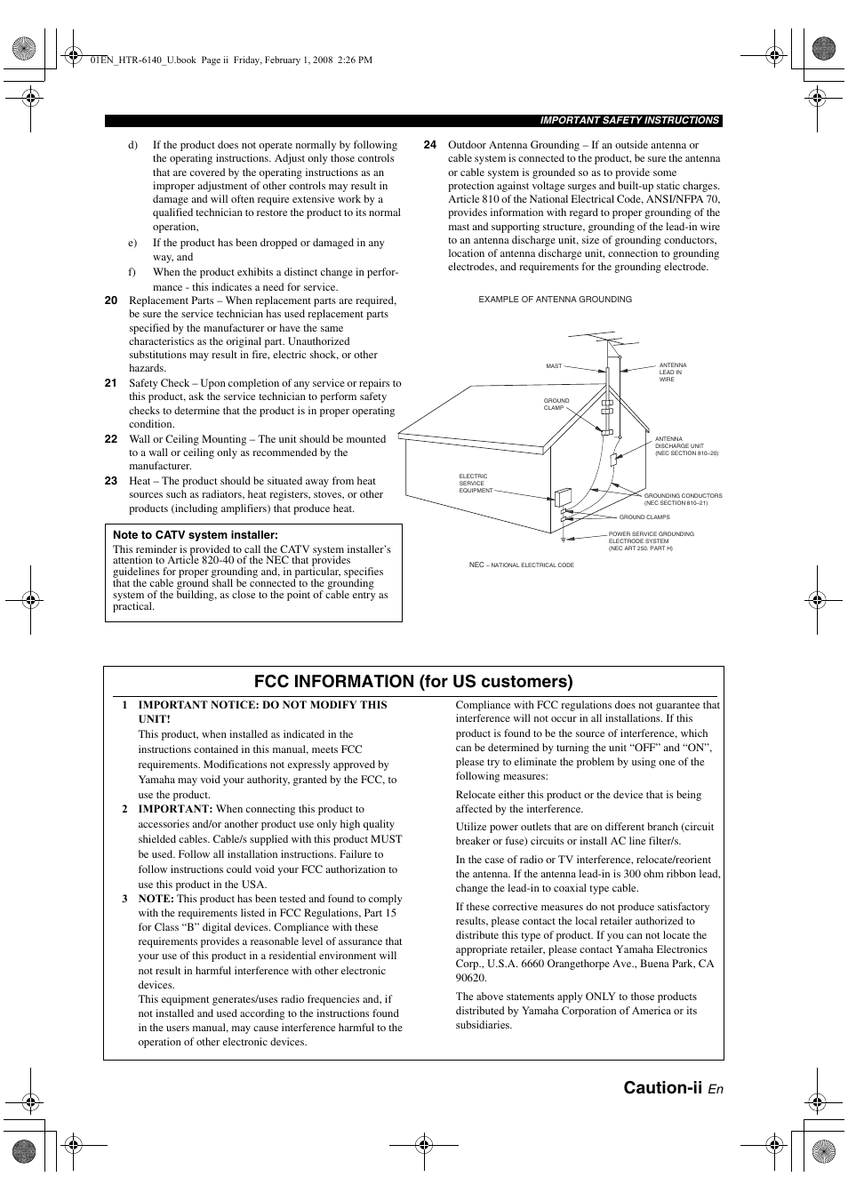 Caution-ii, Fcc information (for us customers) | Yamaha HTR-6140 User Manual | Page 3 / 106