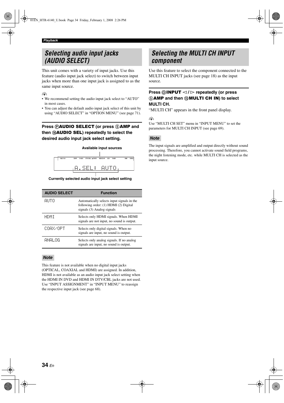 Selecting audio input jacks (audio select), Selecting the multi ch input component, Selecting audio input jacks | Audio select), A.sel: auto | Yamaha HTR-6140 User Manual | Page 38 / 106