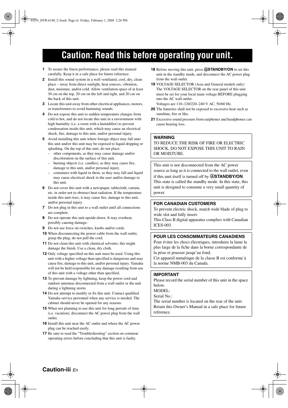 Caution: read this before operating your unit, Caution-iii | Yamaha HTR-6140 User Manual | Page 4 / 106