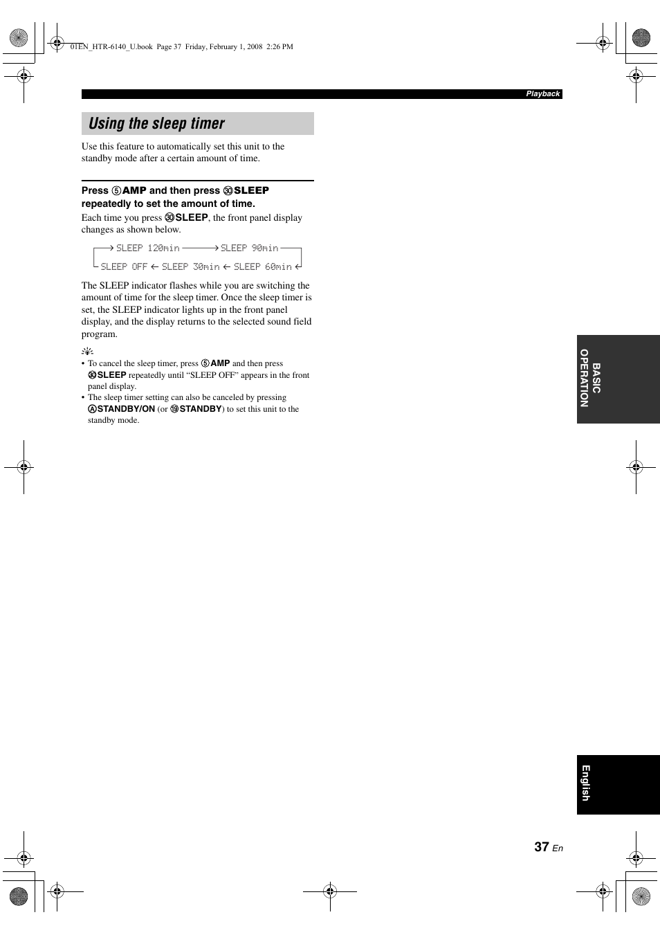 Using the sleep timer, P. 37 | Yamaha HTR-6140 User Manual | Page 41 / 106
