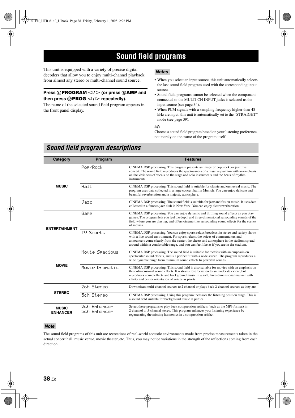 Sound field programs, Sound field program descriptions, P. 38 | Yamaha HTR-6140 User Manual | Page 42 / 106