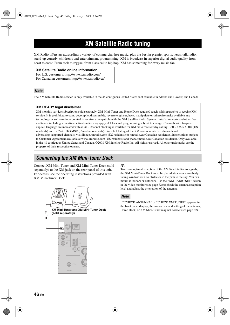 Xm satellite radio tuning, Connecting the xm mini-tuner dock, Xm satellite radio tning | P. 46, Legal disclaimer | Yamaha HTR-6140 User Manual | Page 50 / 106