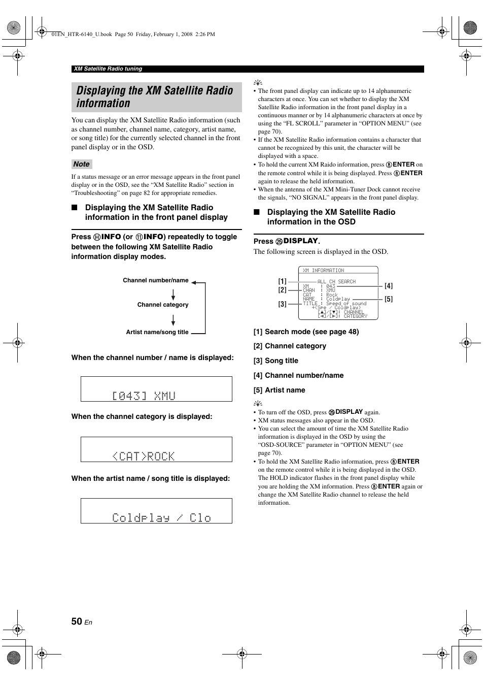 Displaying the xm satellite radio information, Cat>rock coldplay / clo, 043] xmu | Yamaha HTR-6140 User Manual | Page 54 / 106