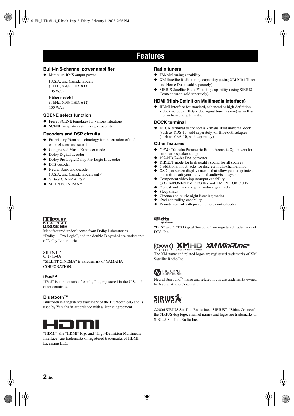 Features | Yamaha HTR-6140 User Manual | Page 6 / 106