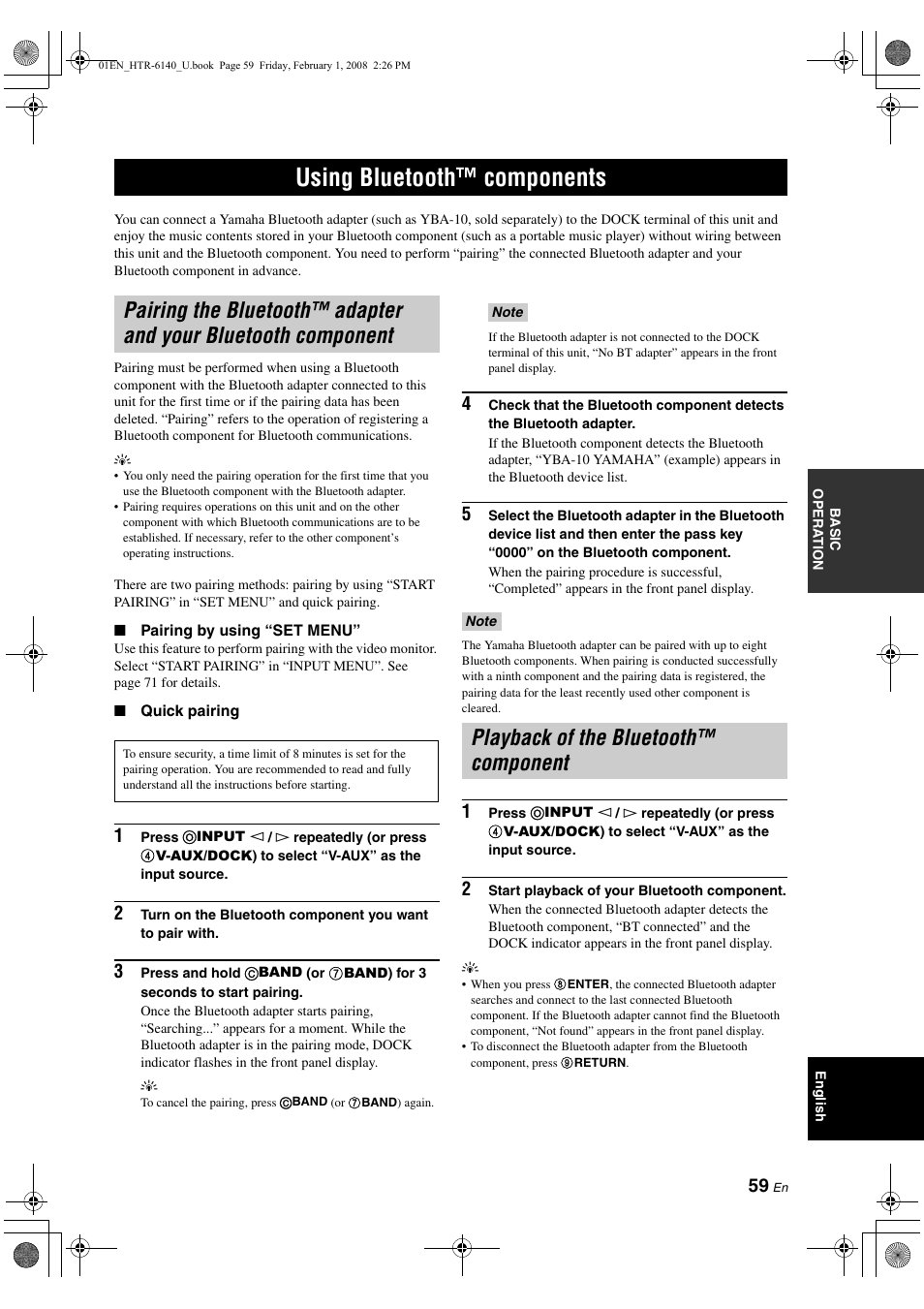 Using bluetooth™ components, Playback of the bluetooth™ component, Pairing the bluetooth™ adapter and your bluetooth | Component, P. 59 | Yamaha HTR-6140 User Manual | Page 63 / 106