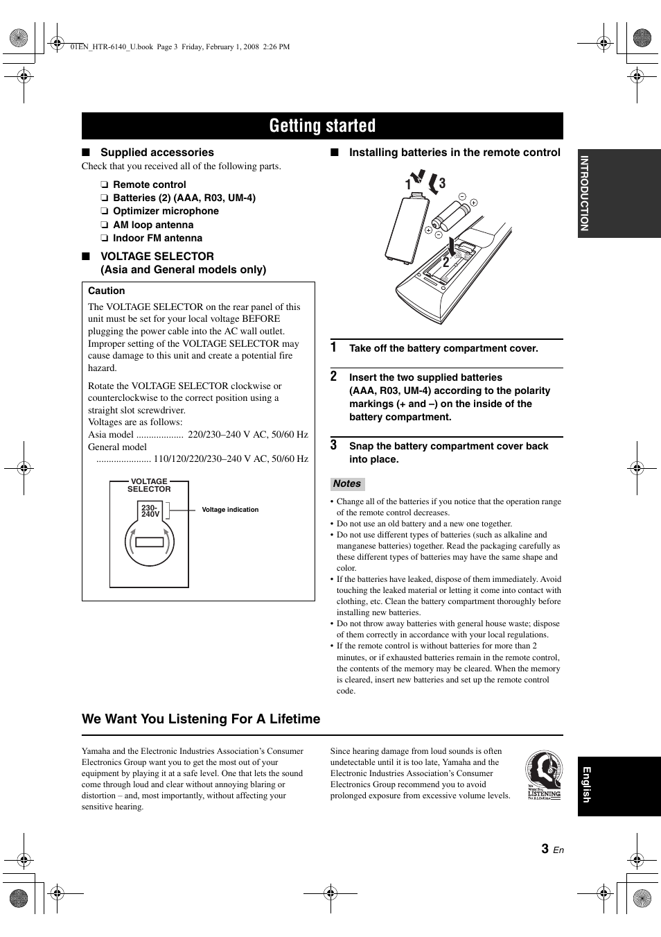 Getting started, We want you listening for a lifetime | Yamaha HTR-6140 User Manual | Page 7 / 106