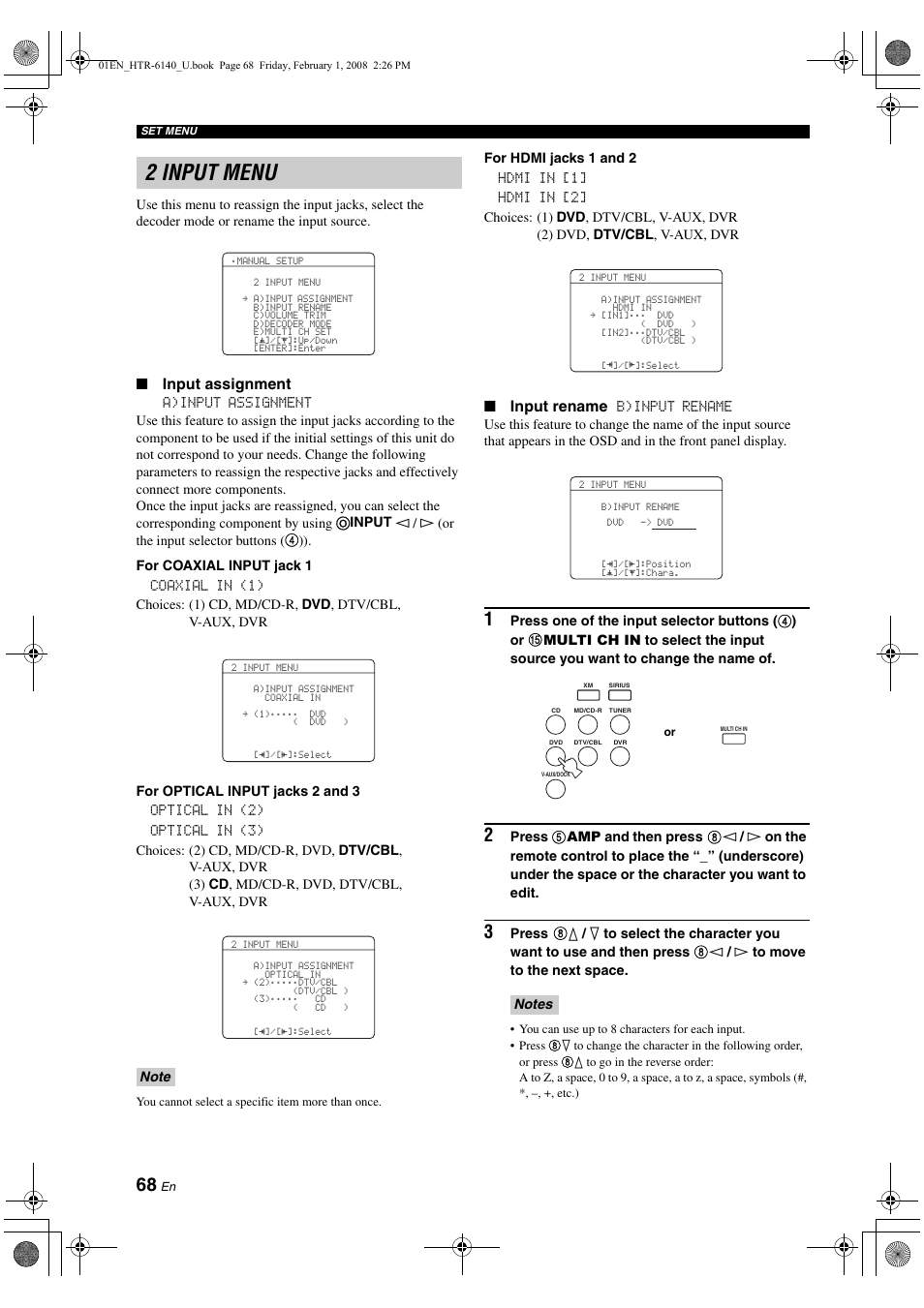 2 input menu, Input assignment, Input rename | Yamaha HTR-6140 User Manual | Page 72 / 106