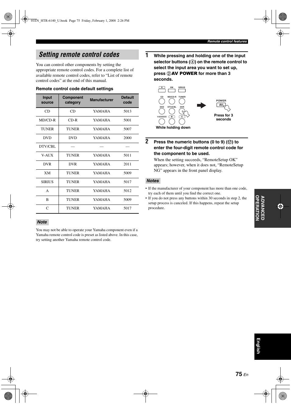 Setting remote control codes | Yamaha HTR-6140 User Manual | Page 79 / 106