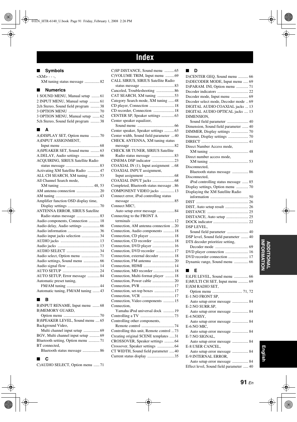 Index | Yamaha HTR-6140 User Manual | Page 95 / 106