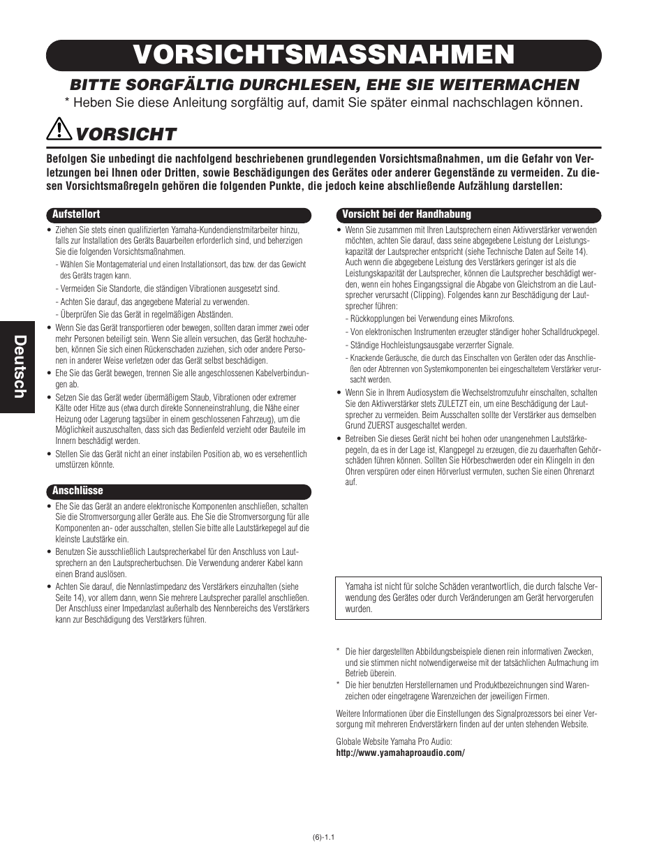 Vorsichtsmassnahmen, Vorsicht, Deutsch | Bitte sorgfältig durchlesen, ehe sie weitermachen | Yamaha IF2115M/64(W) User Manual | Page 2 / 6