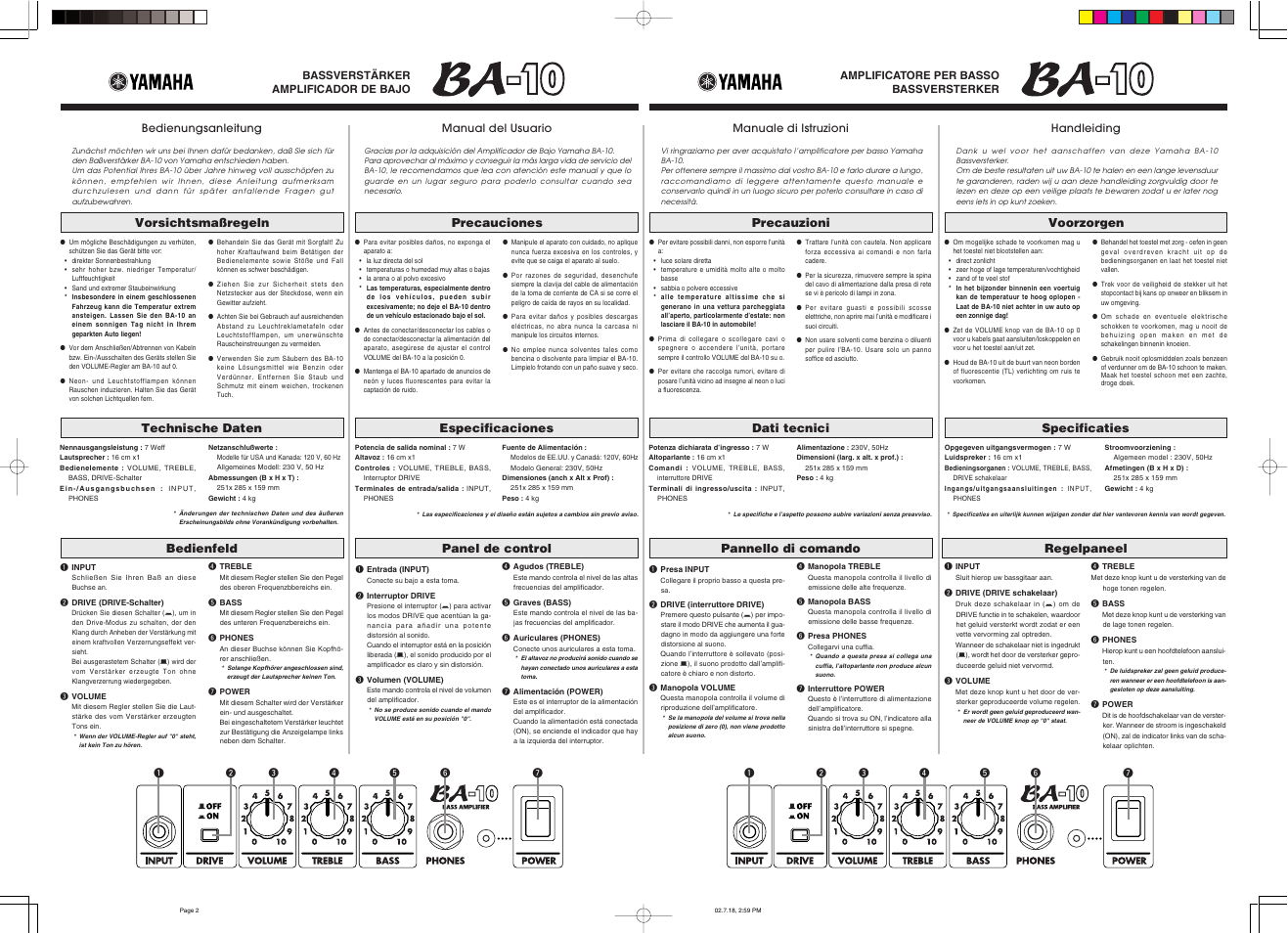 Vorsichtsmaßregeln, Bedienfeld technische daten, Precauciones | Panel de control especificaciones, Precauzioni, Pannello di comando dati tecnici, Voorzorgen, Regelpaneel specificaties | Yamaha BA-10 User Manual | Page 2 / 2